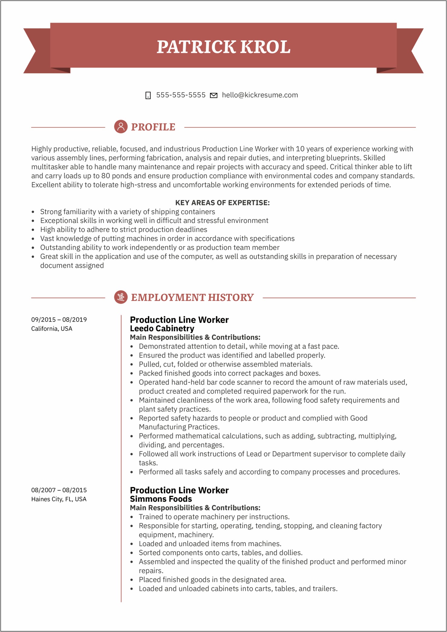 Resume To Work At A Factory