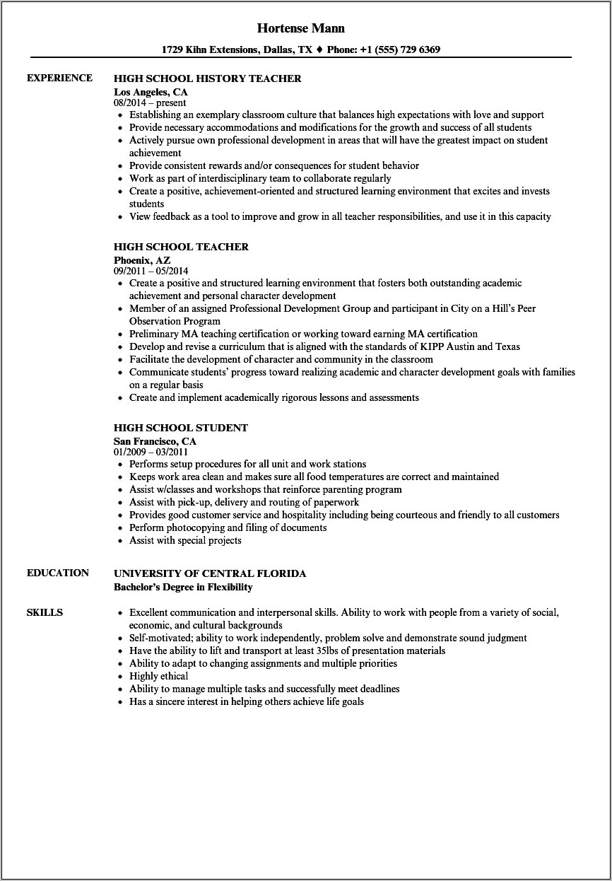 Resume To Work At A School