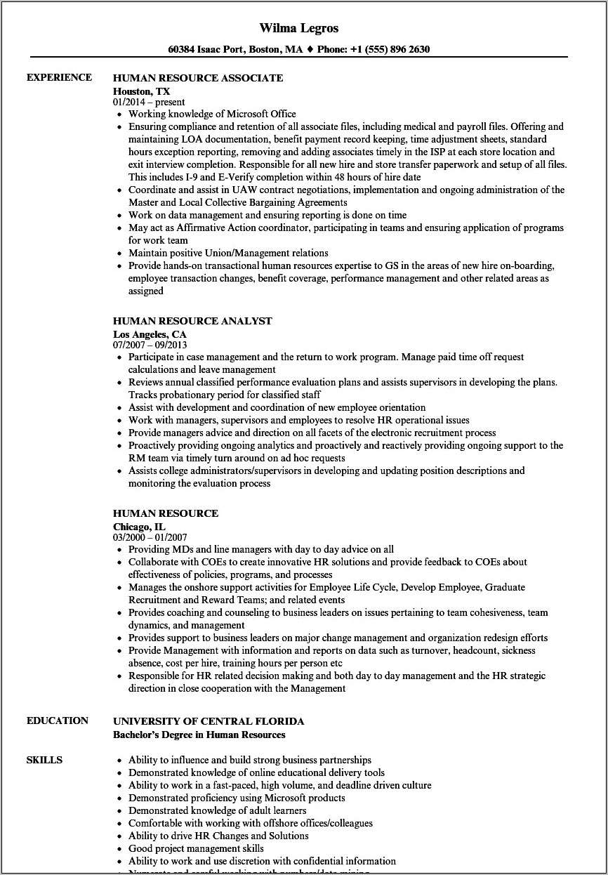 Resume To Work For Human Resources