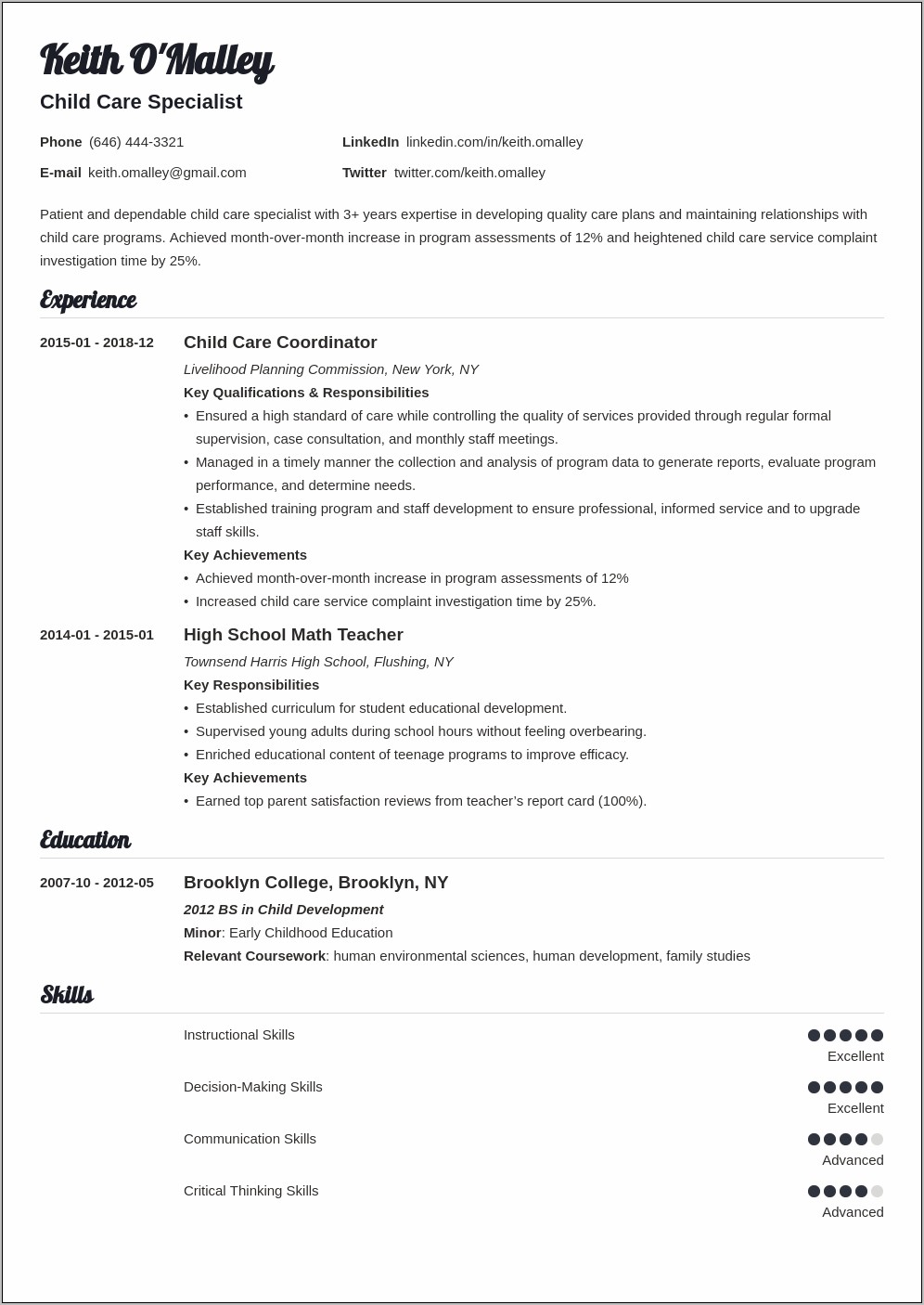 Resume To Work In A Daycare