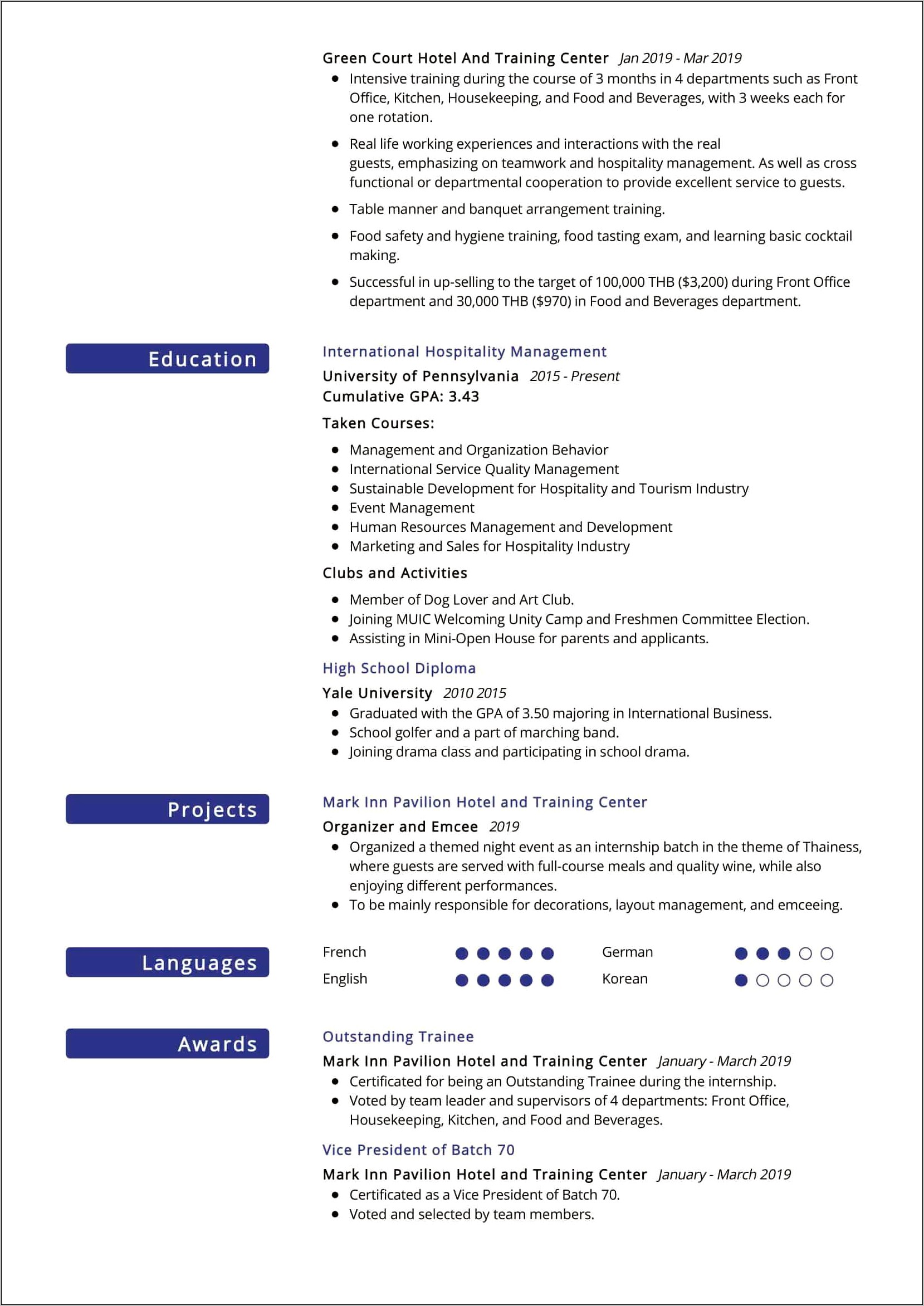 Resume To Work In A Hotel