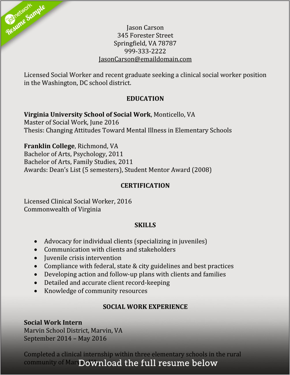 Resume To Work In A School