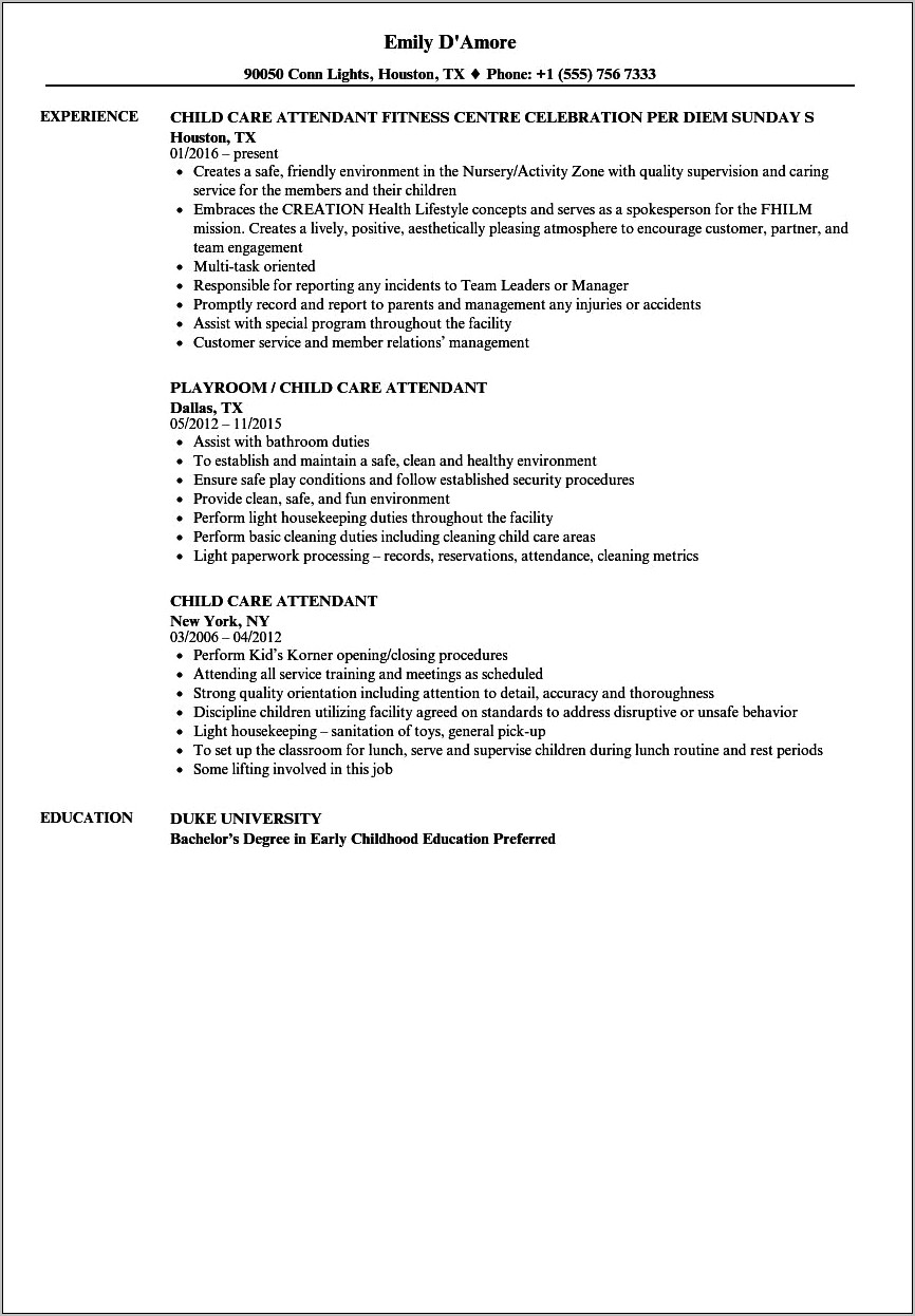 Resume Transition Daycare To Office Work