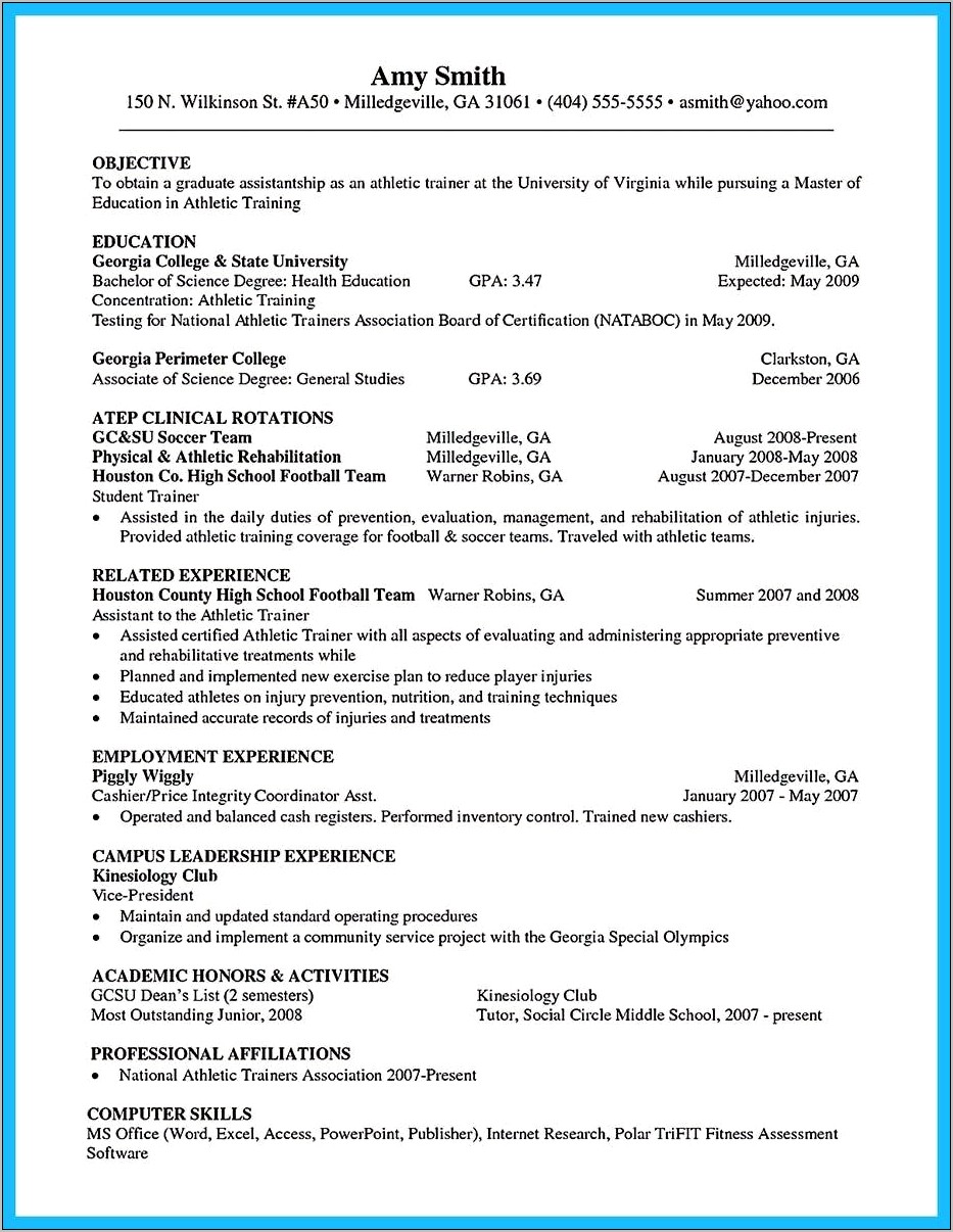 Resume With Clinical Experience Athletic Training