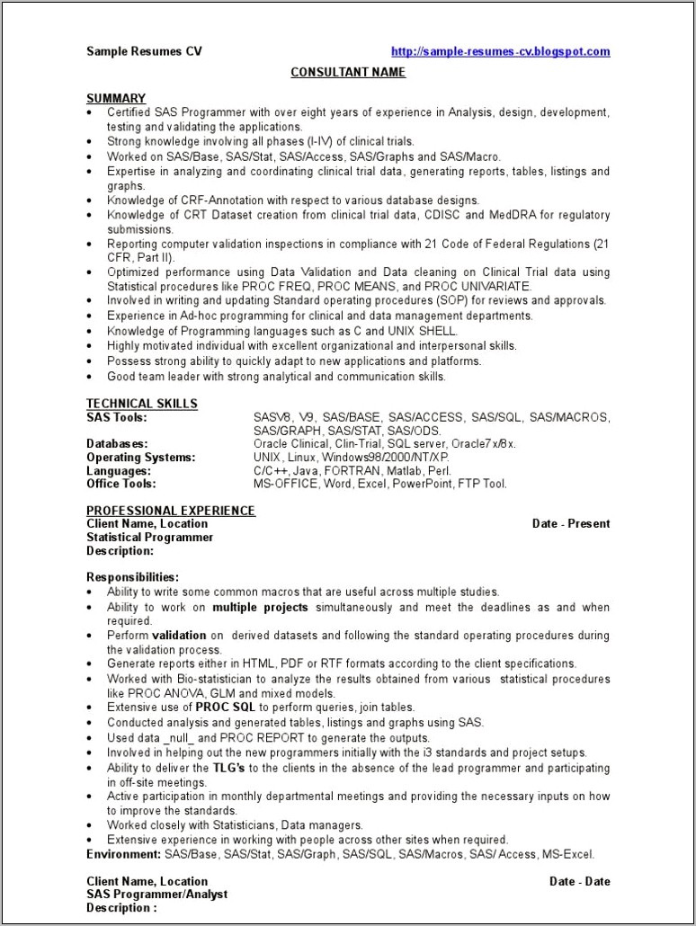 Resume With Clinical Sas Programmer Experience