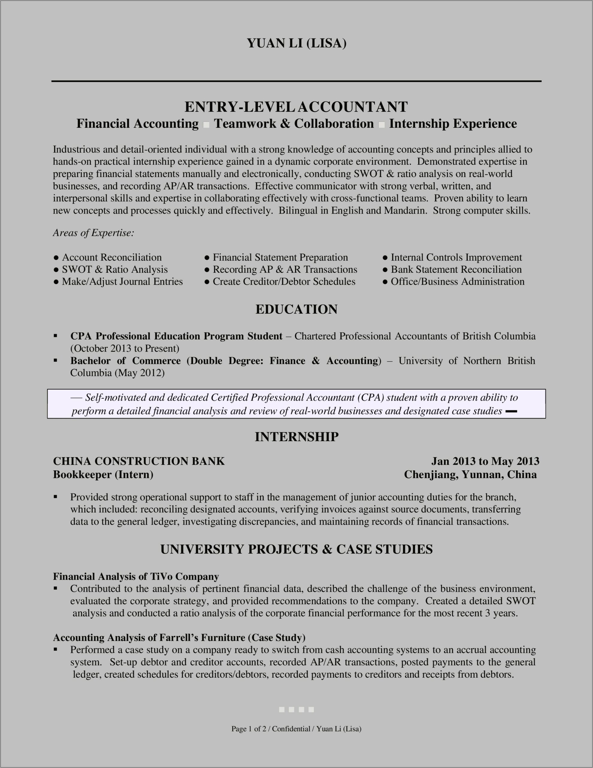 Resume With No Experience Accounting Major