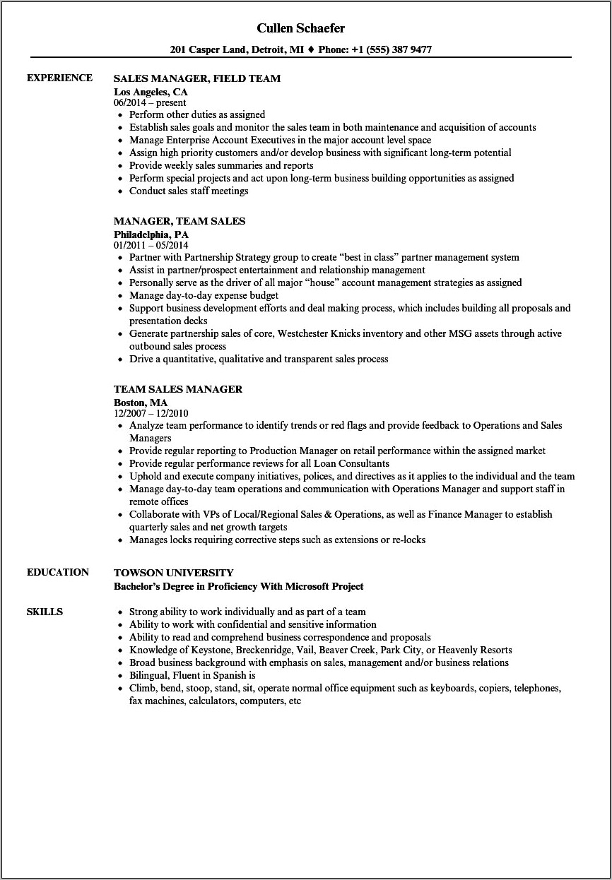 Resume With No Sales Or Managment Experience