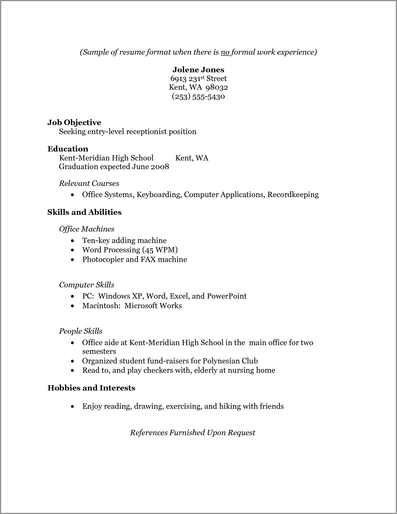 Resume With No Work Experience High School