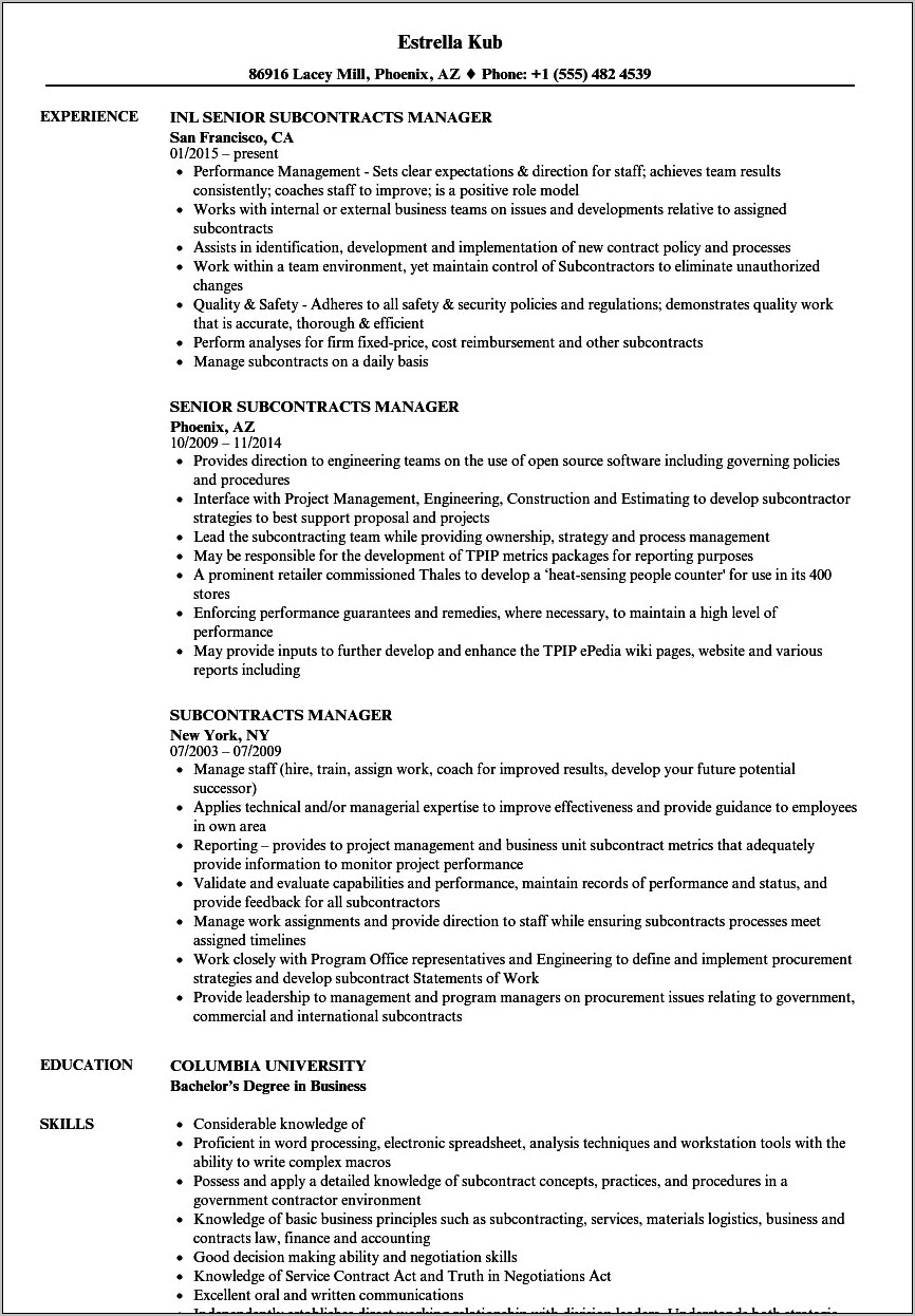 Resume With Subcontract Work And Regular Work