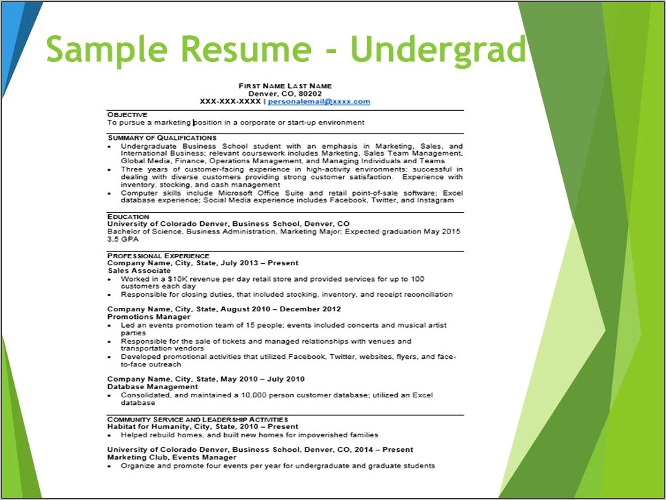 Resume With Undergraduate And Graduate School
