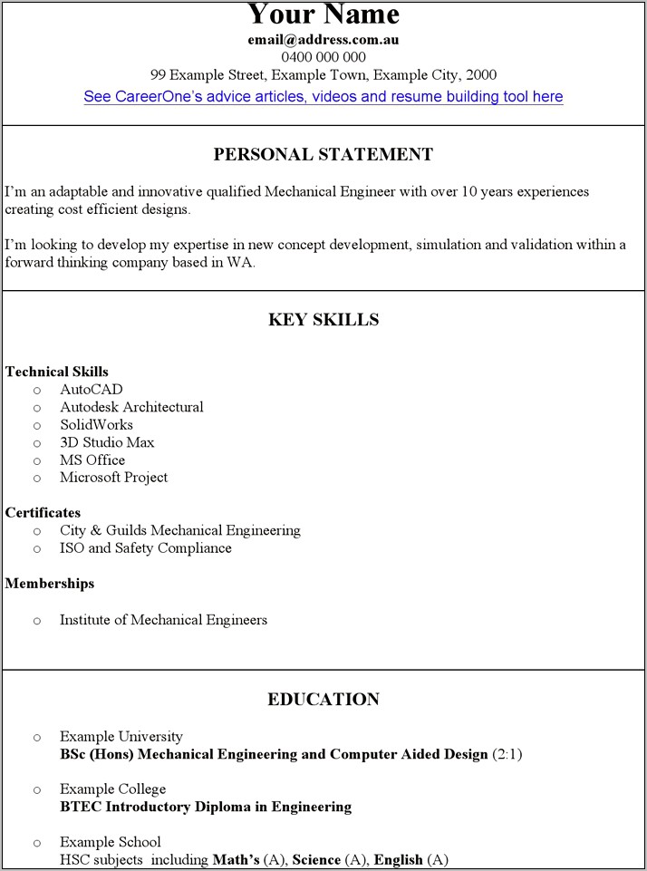 Resume Word Format For Mechanical Engineers