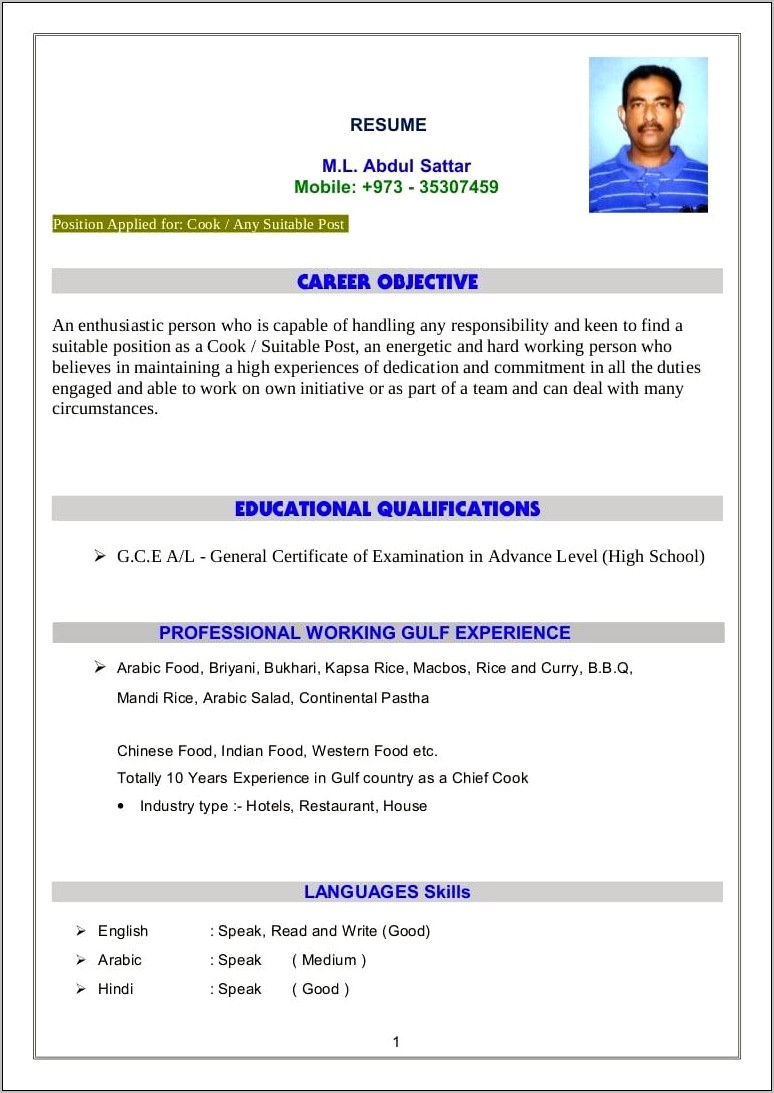 Resume Wording For Cook Or Chef