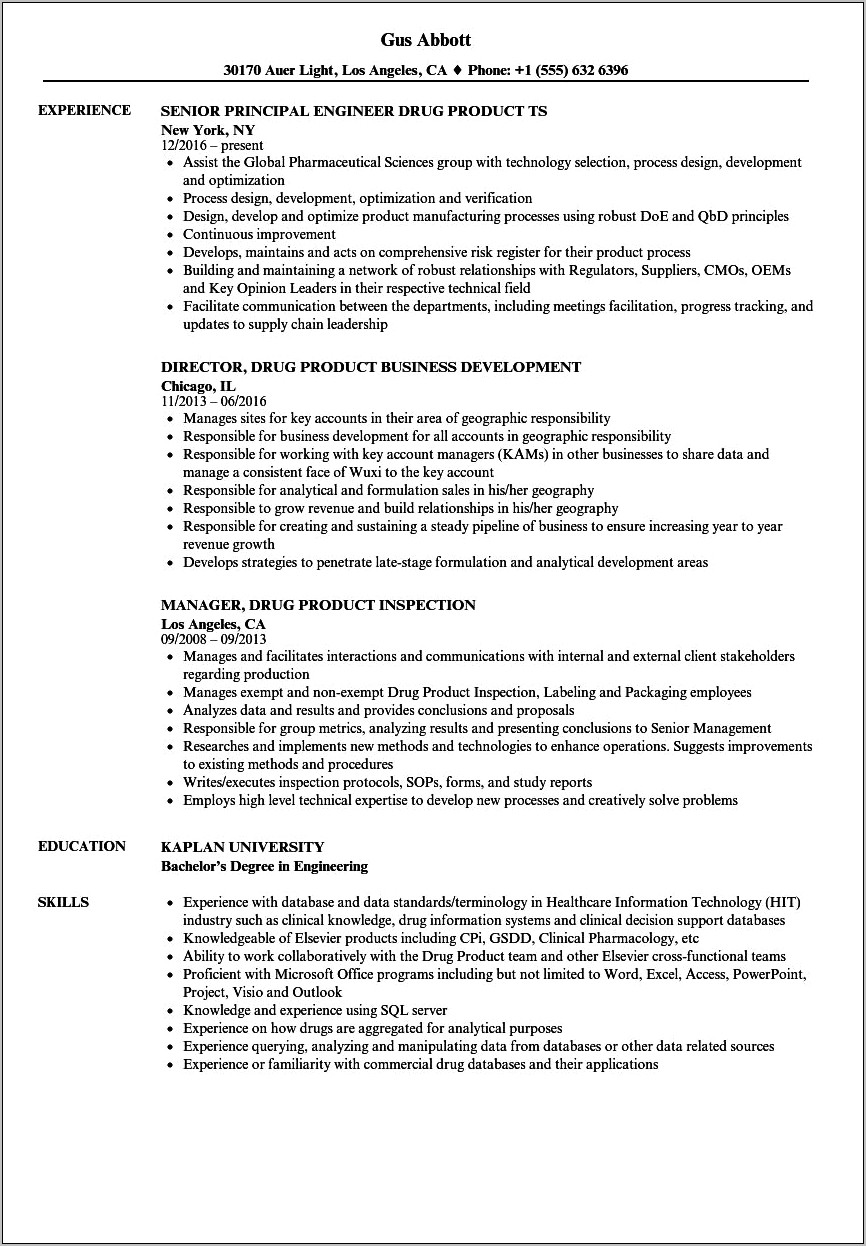 Resume Wording For Pharmecutical Industry Inspection Support