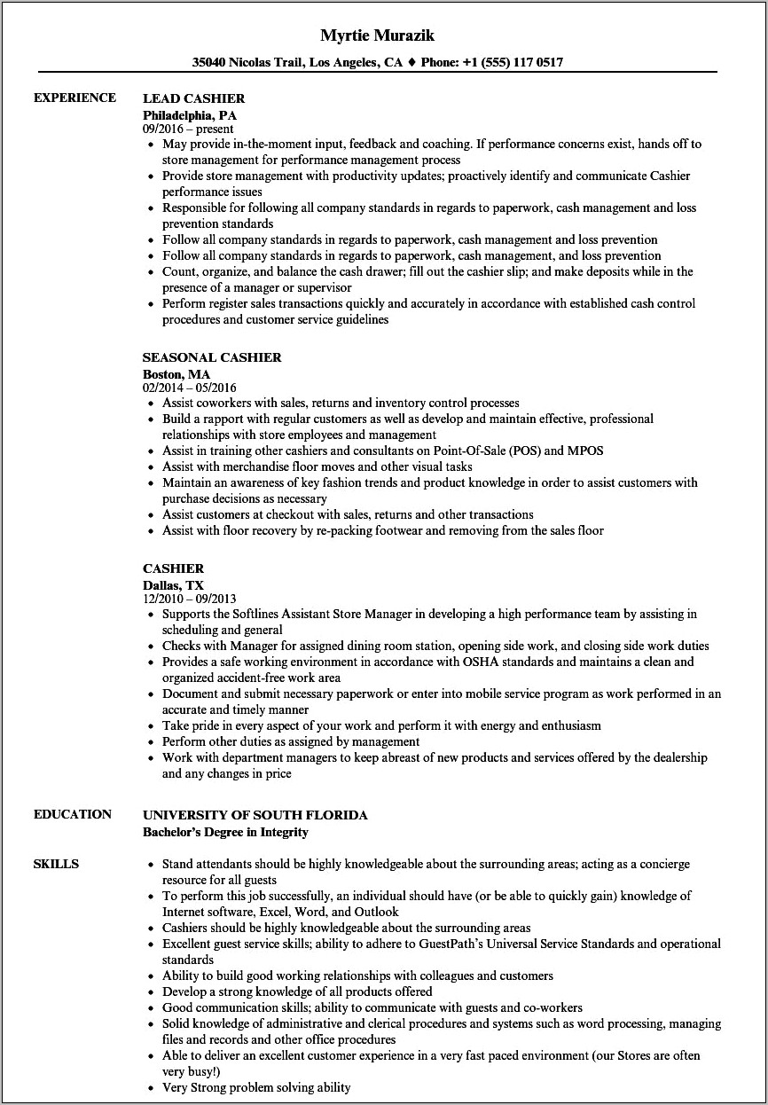 Resume Wording For Working With Cash Register
