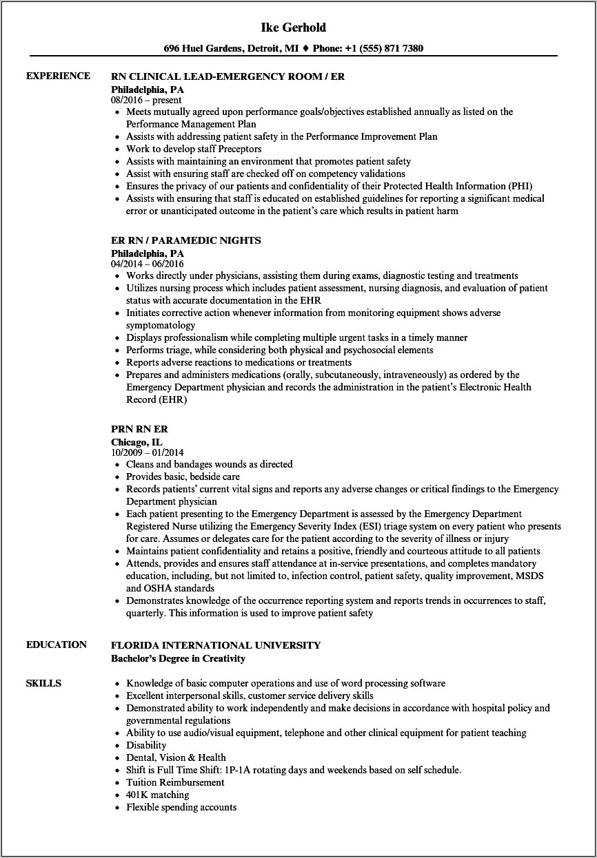 Resume Work Experience Emergency Department Nurse