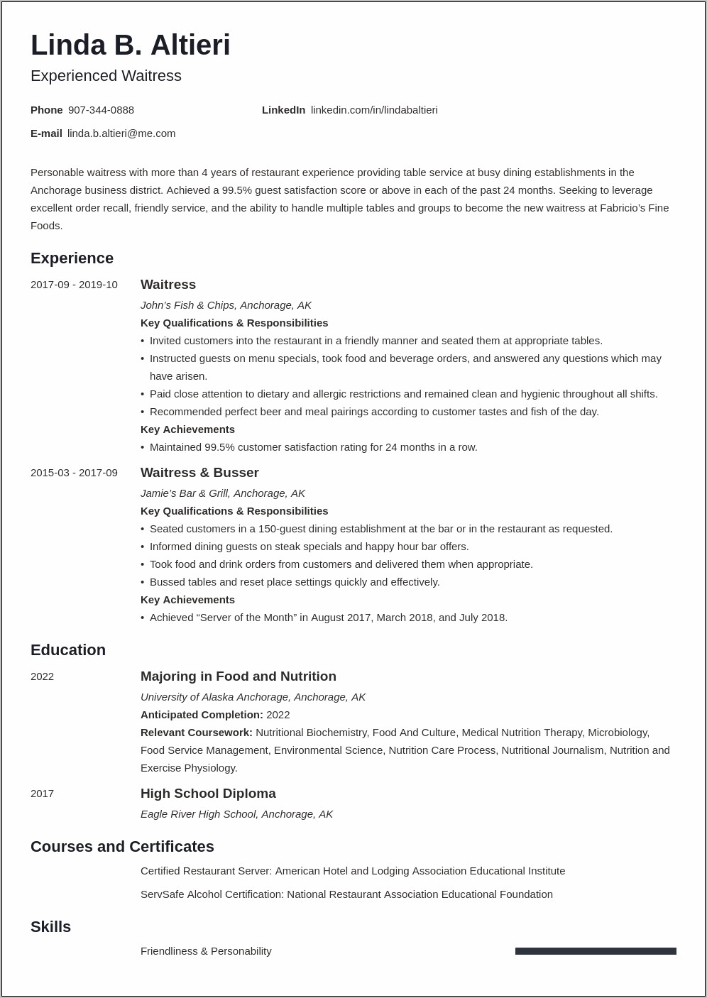 Resume Work Experience Examples For Waitress
