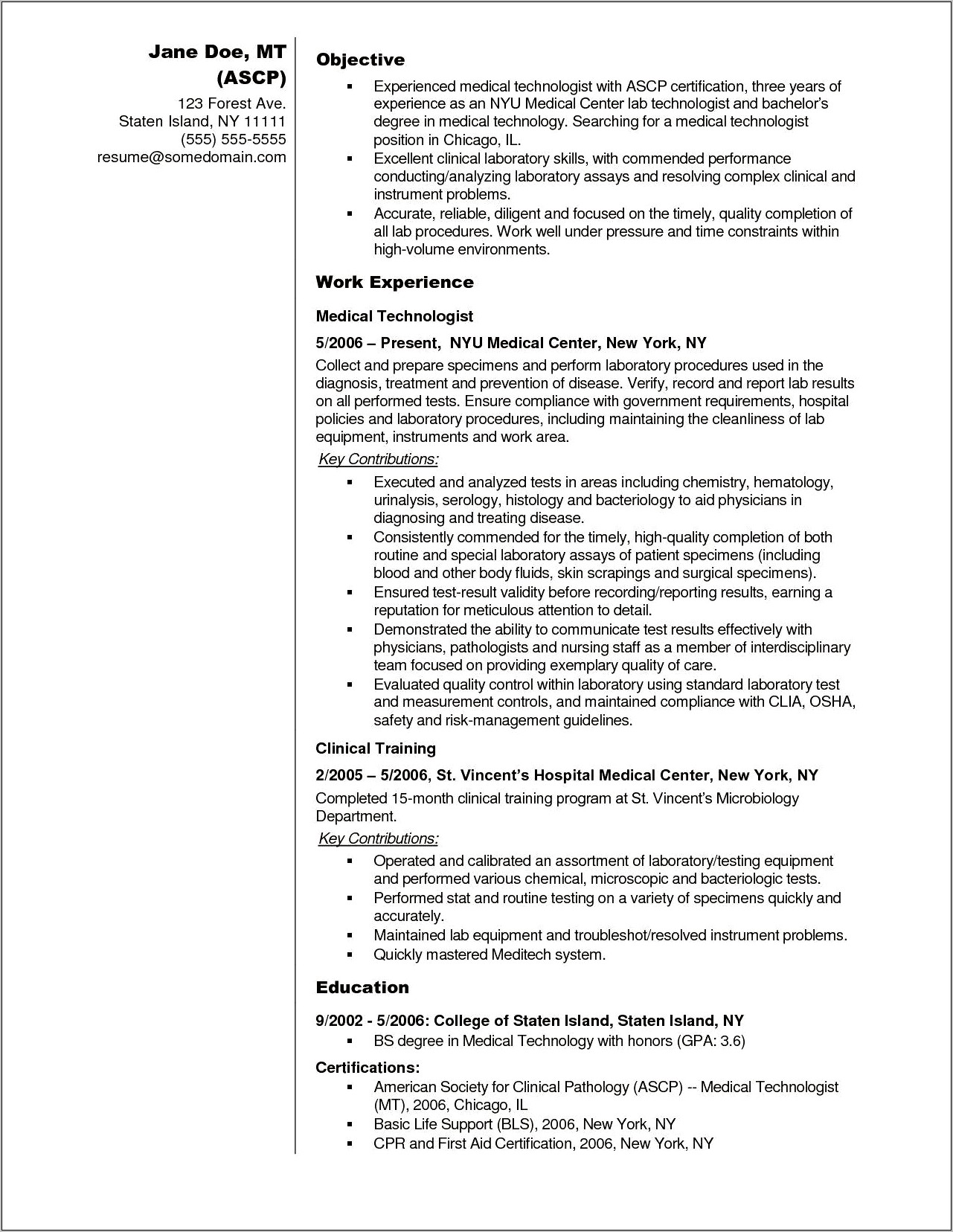 Resume Work Experience For Medical Technologist