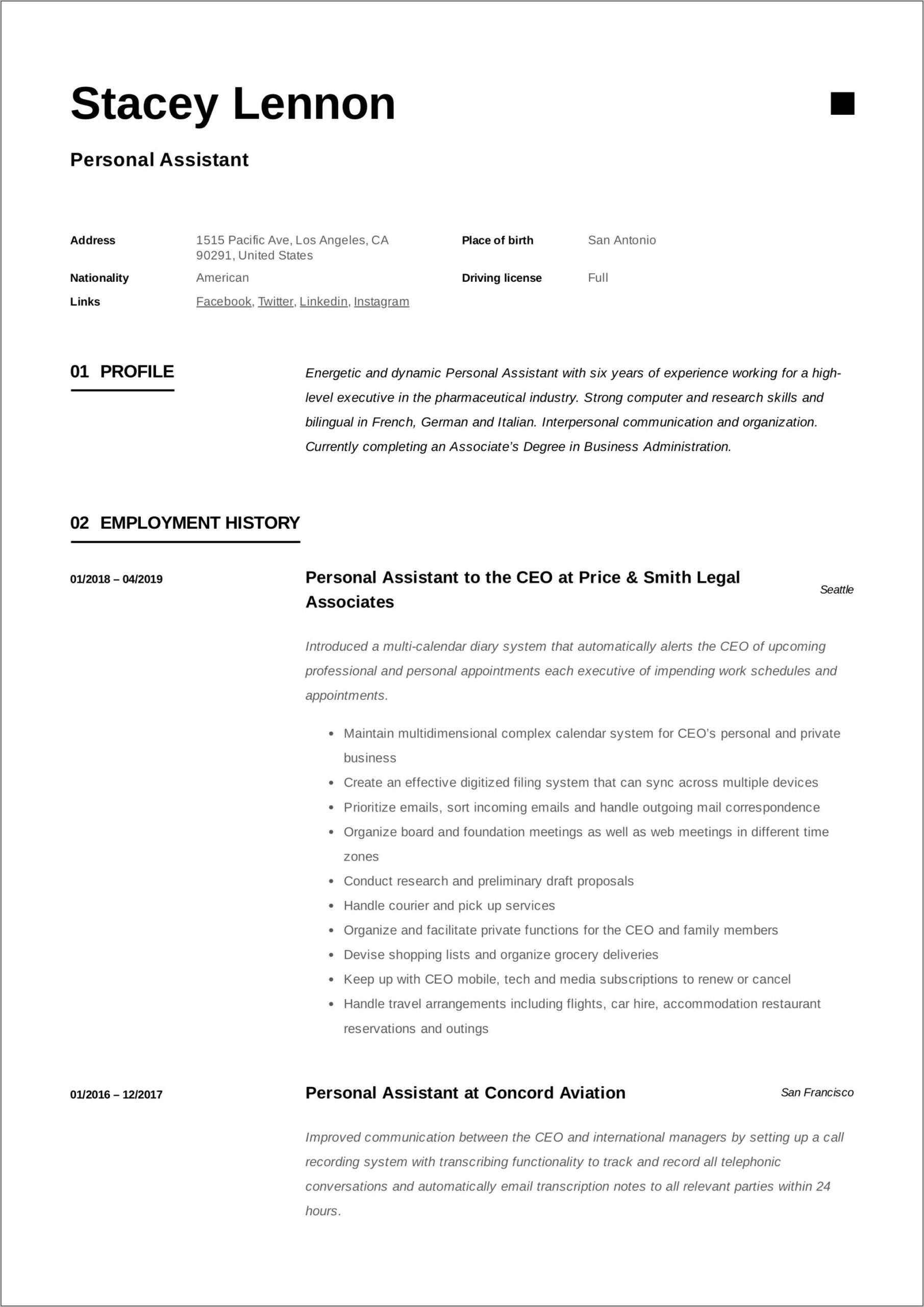 Resume Work Experience For Personal Assistant