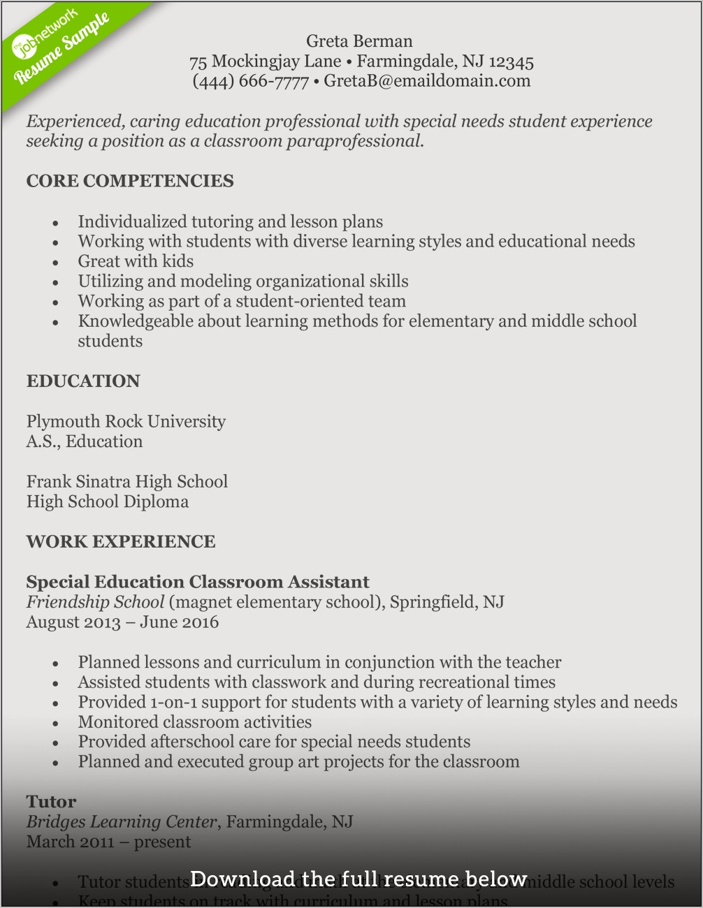 Resume Work Experience For Substitute Teacher