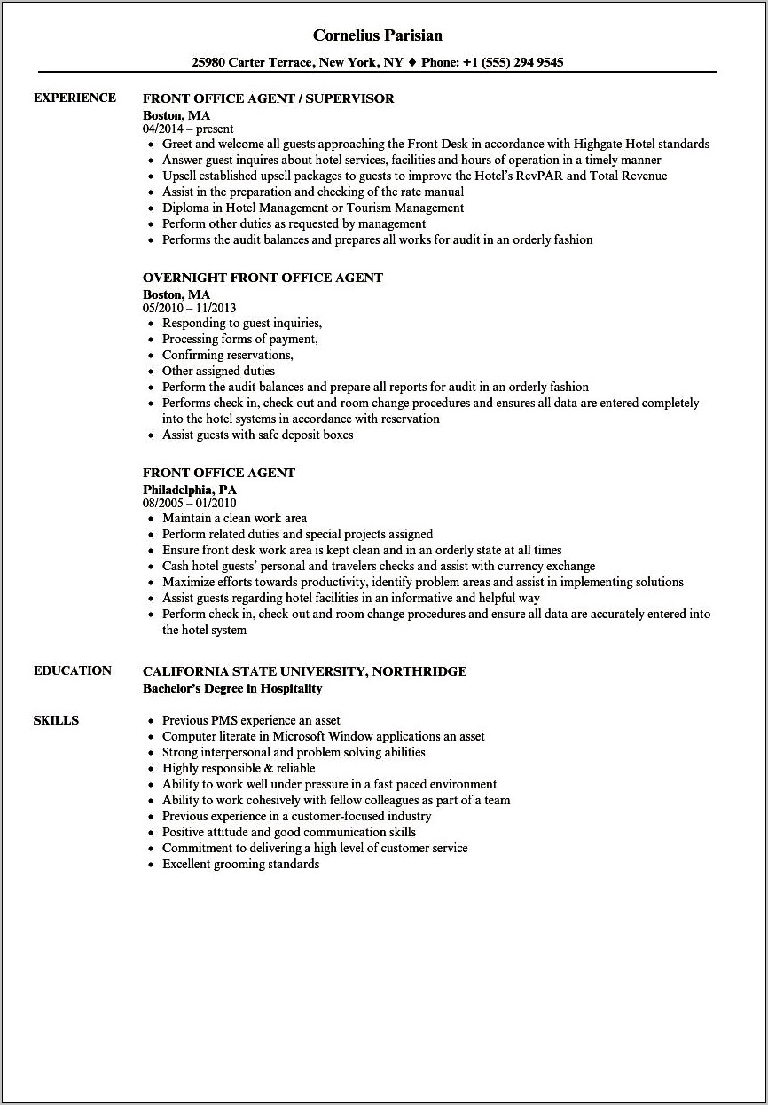 Resume Work Experience In Hospitality Front Desk