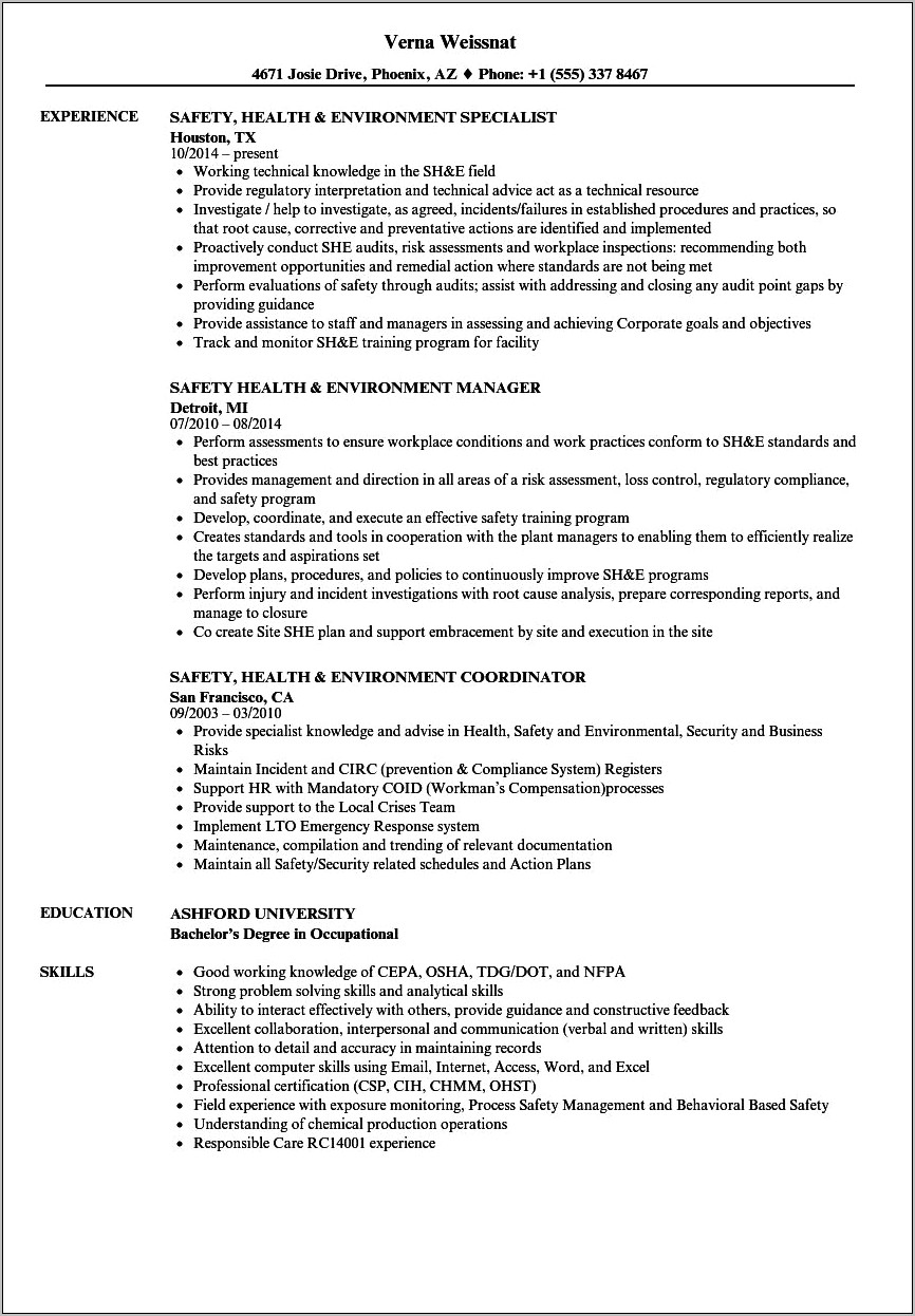 Resume Writers On Environmenttal And Safety Jobs