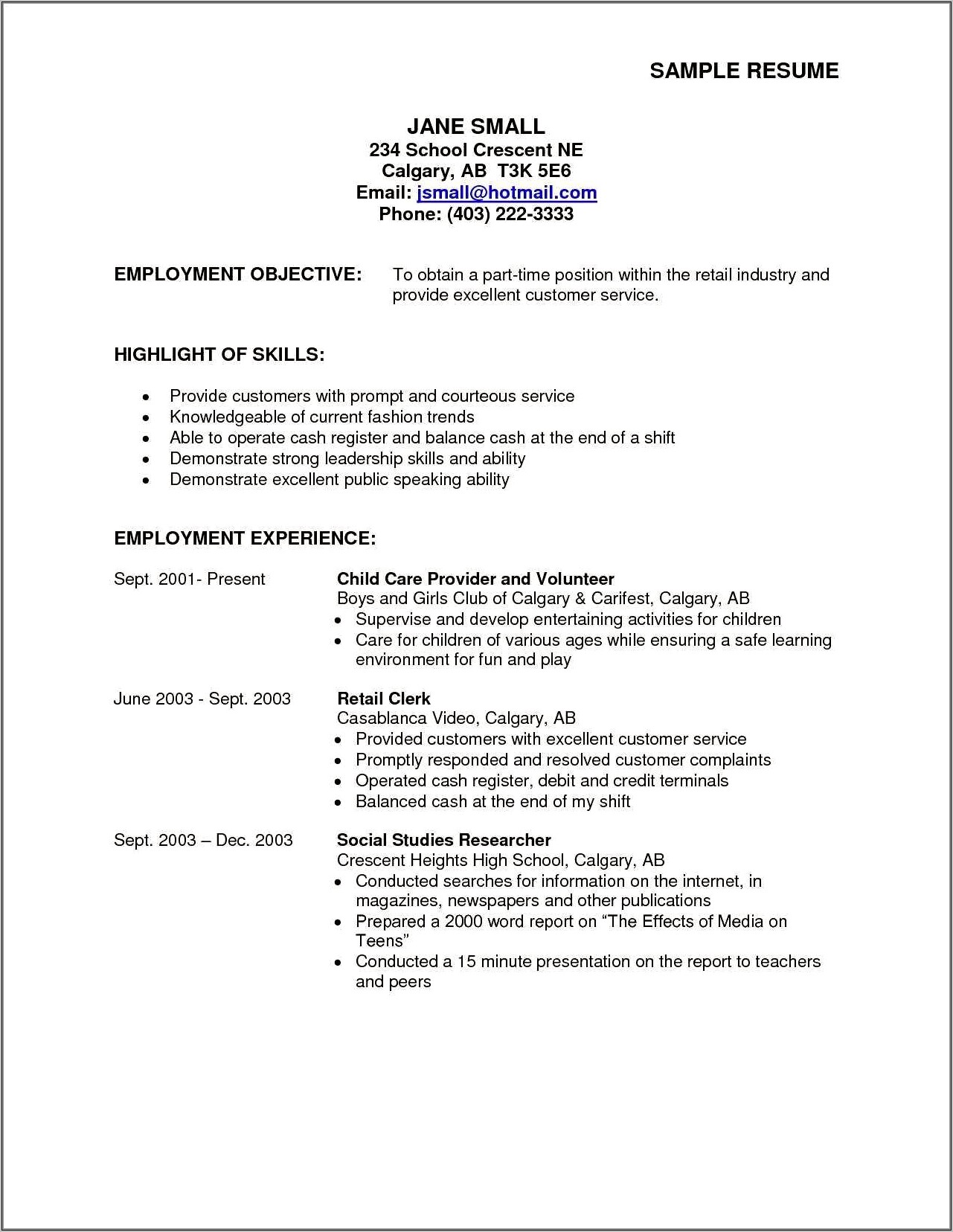Resumes Example For Part Time Job