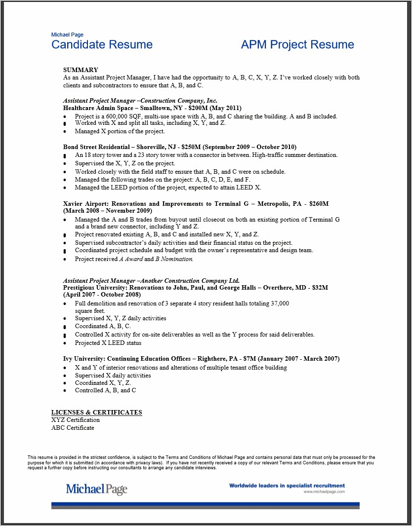 Resumes For Project Managers In Construction