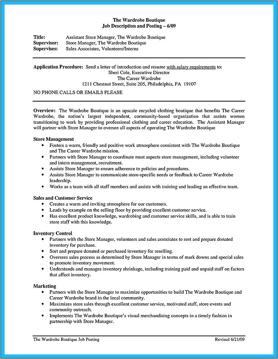 Retail Assistant Manager Job Skills For Resume