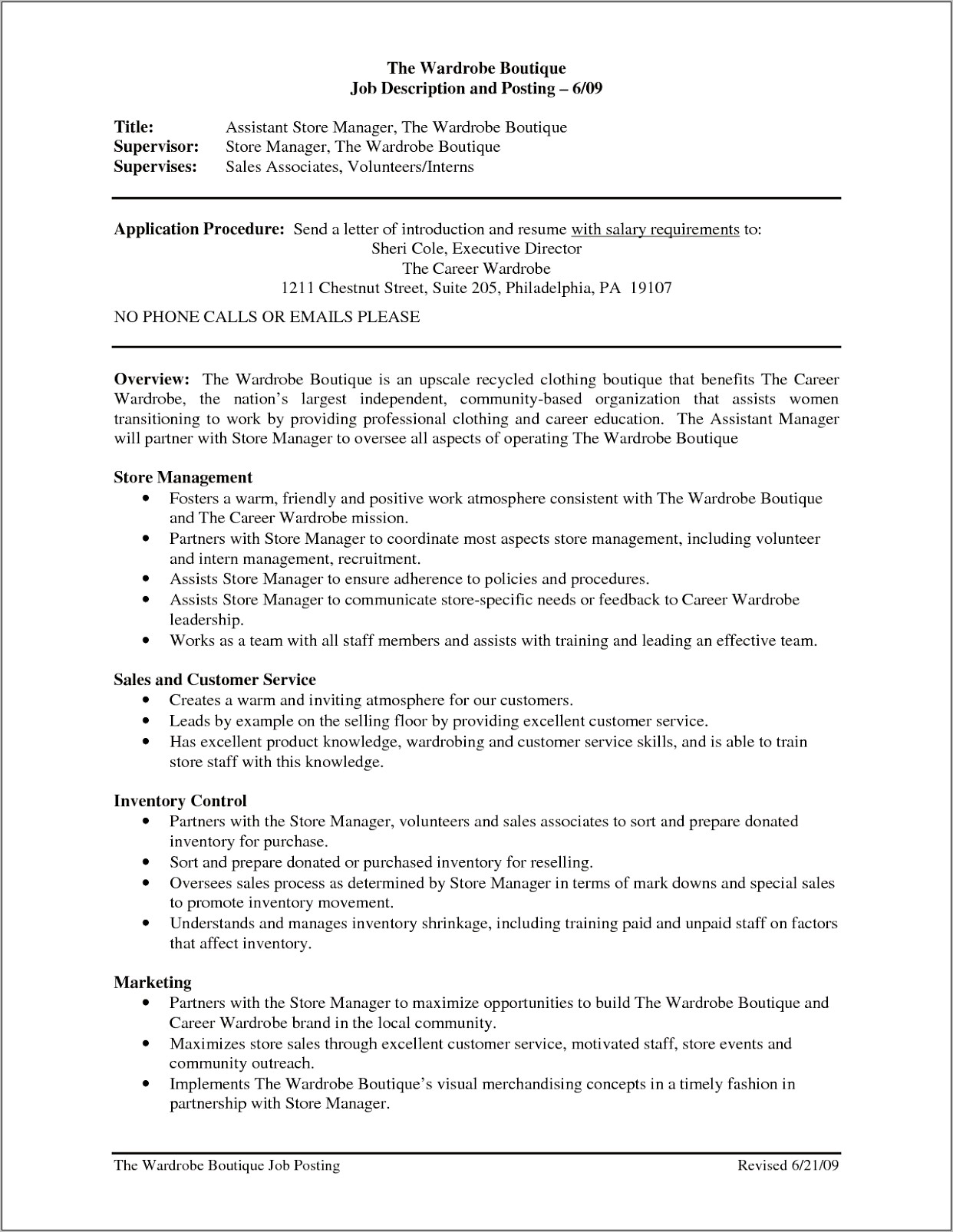 Retail Assistant Store Manager Job Description Resume