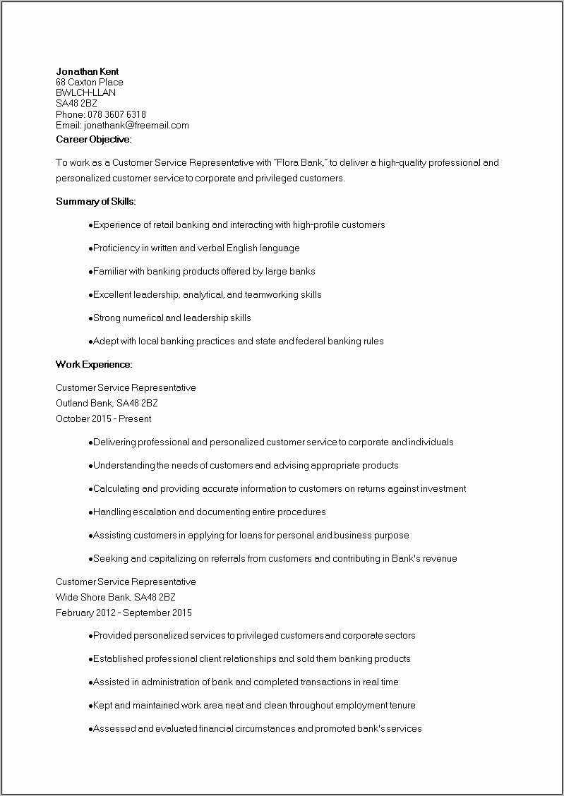 Retail Customer Service Job Objective Resume