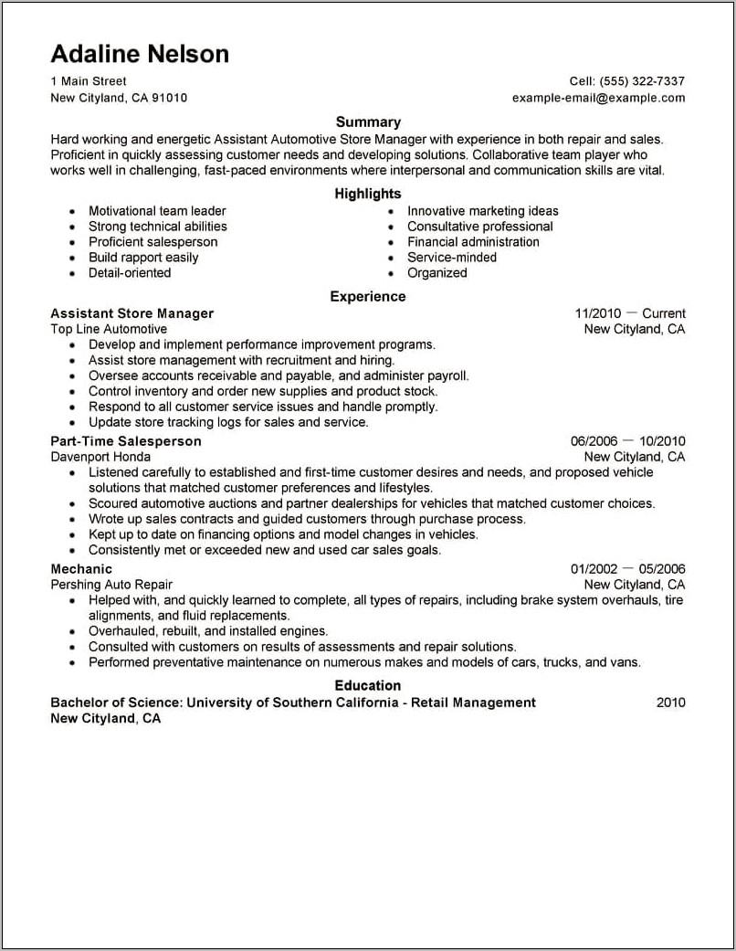 Retail Department Manager Job Description Resume