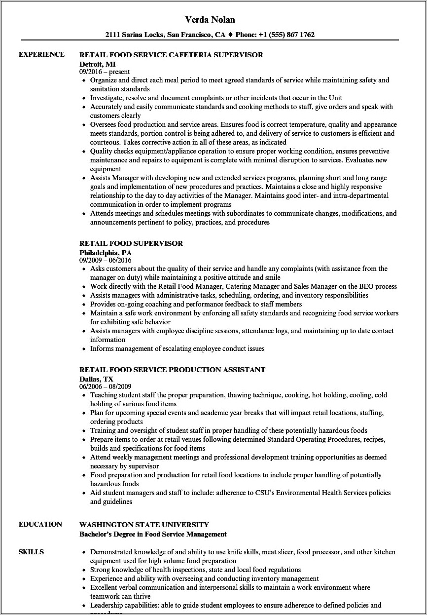 Retail Manager With Food Resume Examples