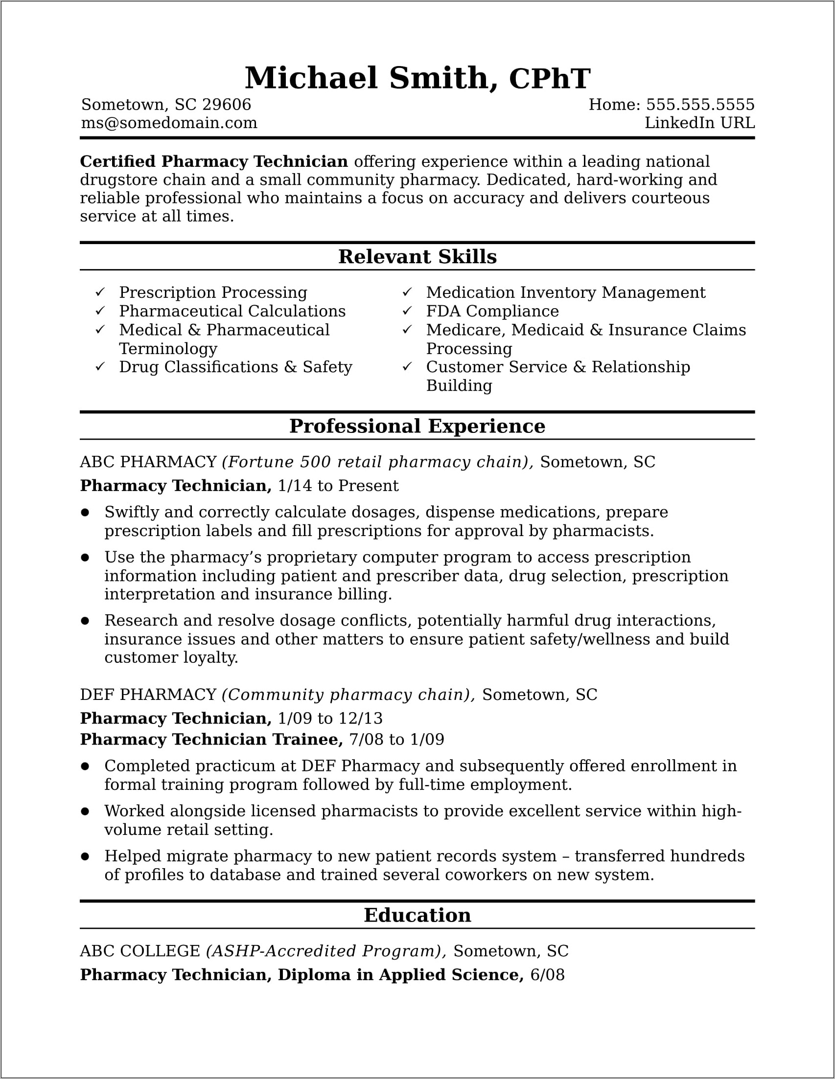 Retail Pharmacist Job Responsibilities For Resume