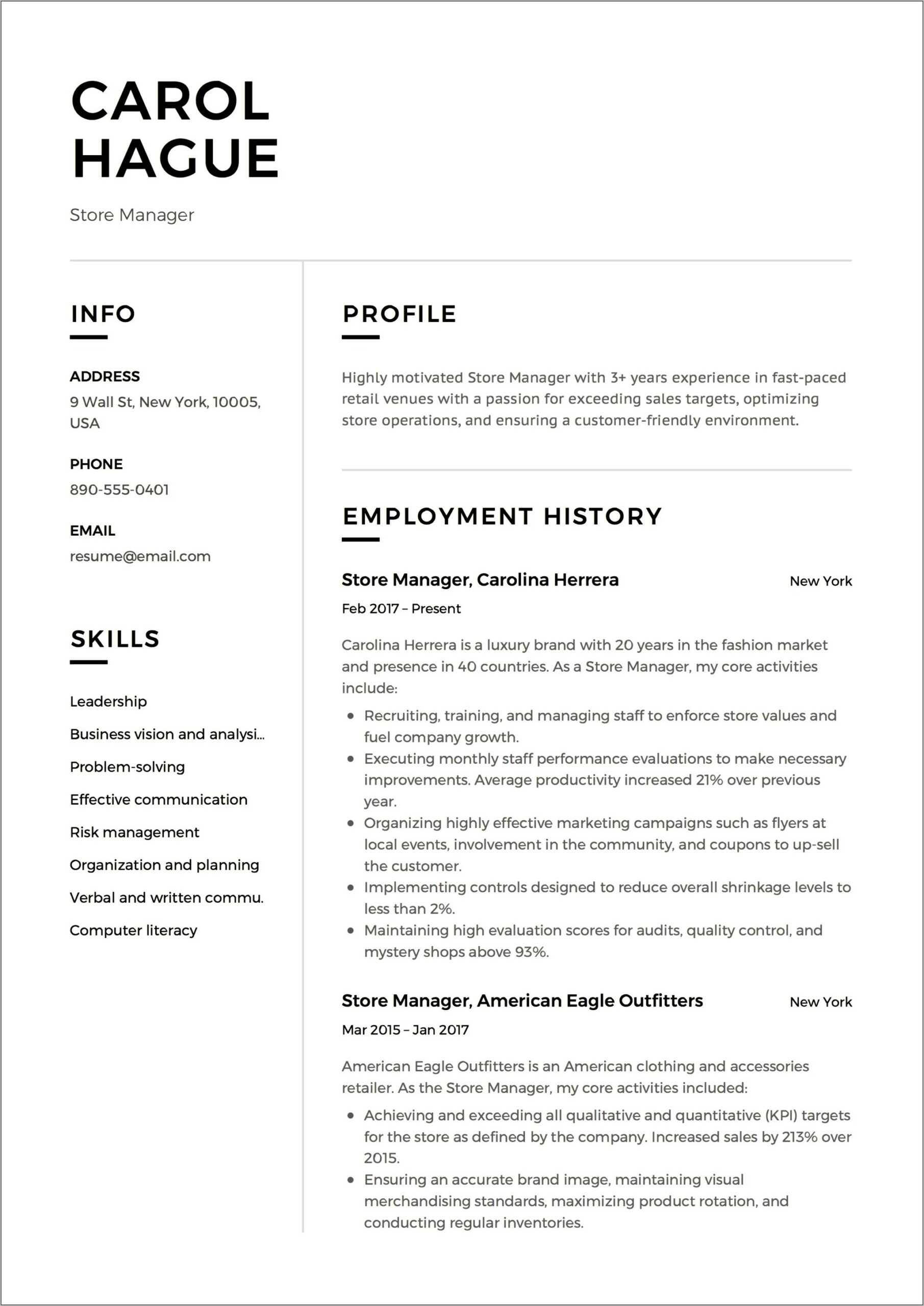 Retail Sales Manager Description For Resume
