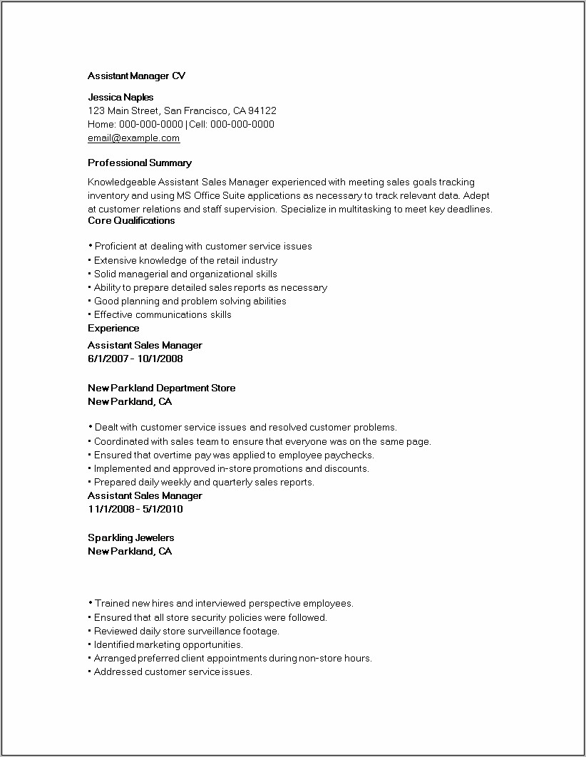 Retail Store Assistant Manager Resume Summary