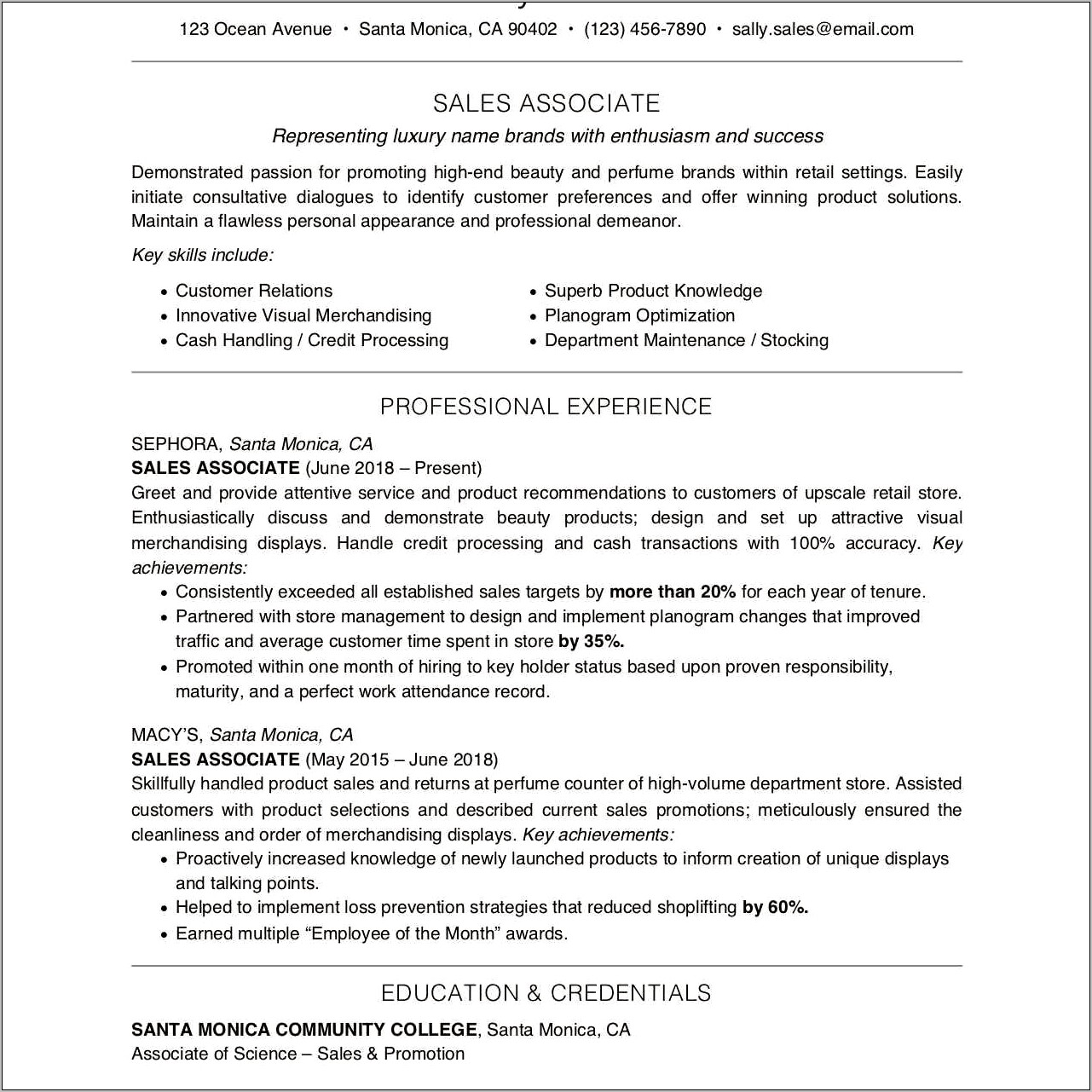 Retail Store Sales Associate Job Description For Resume