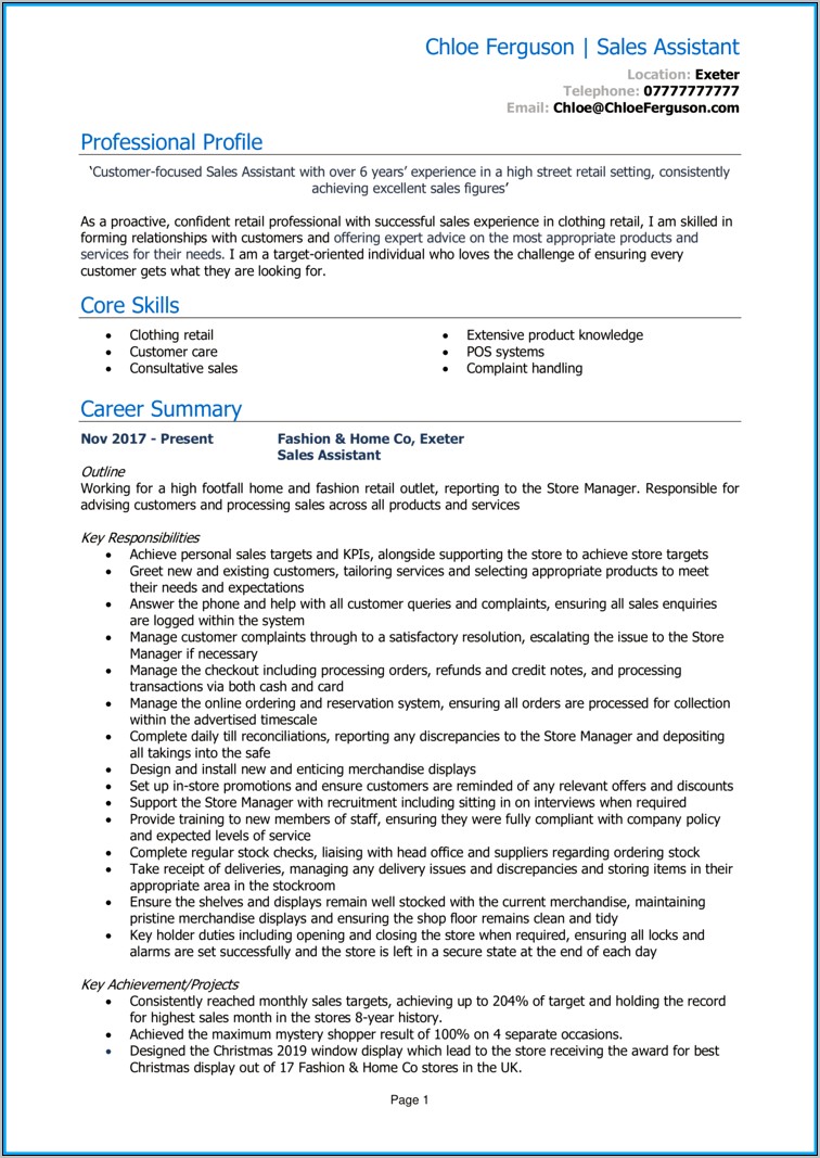 Retail Summary Of Qualifications For Resume