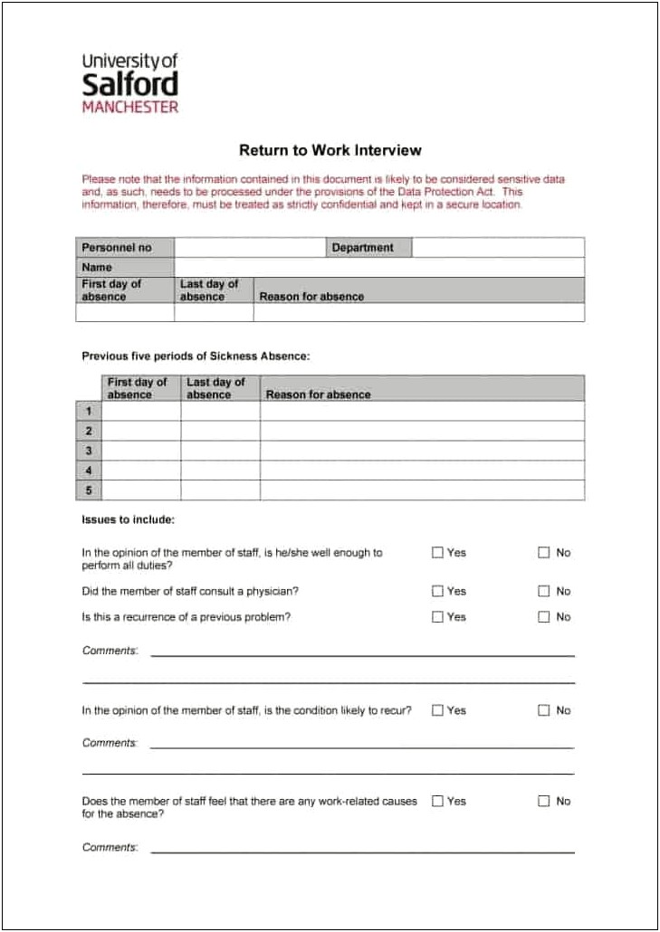 Return To Work Interview Template Free