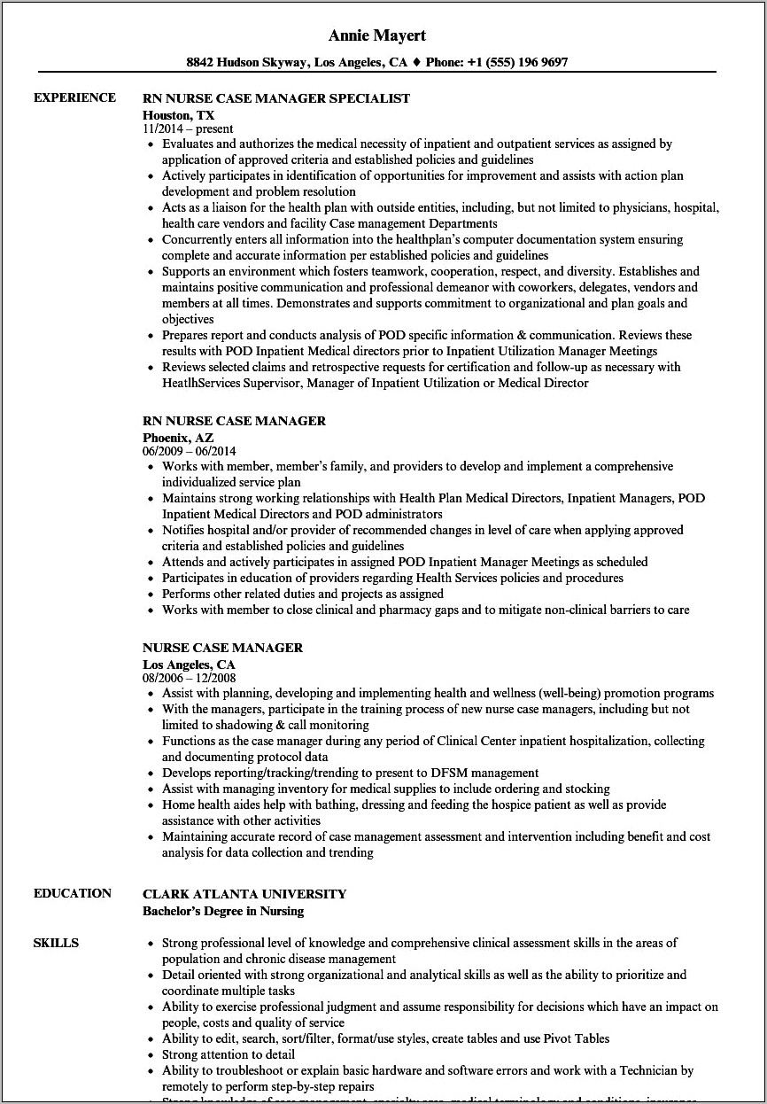 Rn Case Manager Job Description Resume