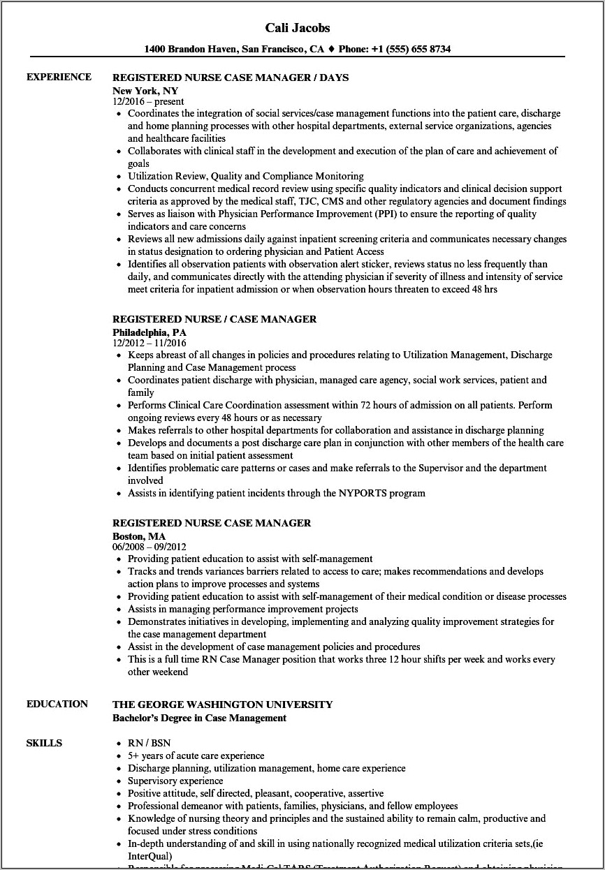 Rn Case Manager Resume No Experience