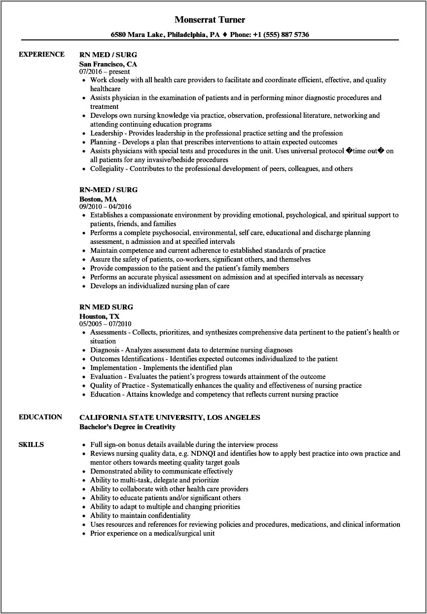 Rn Resume For Medical Surgical Position Objective Examples