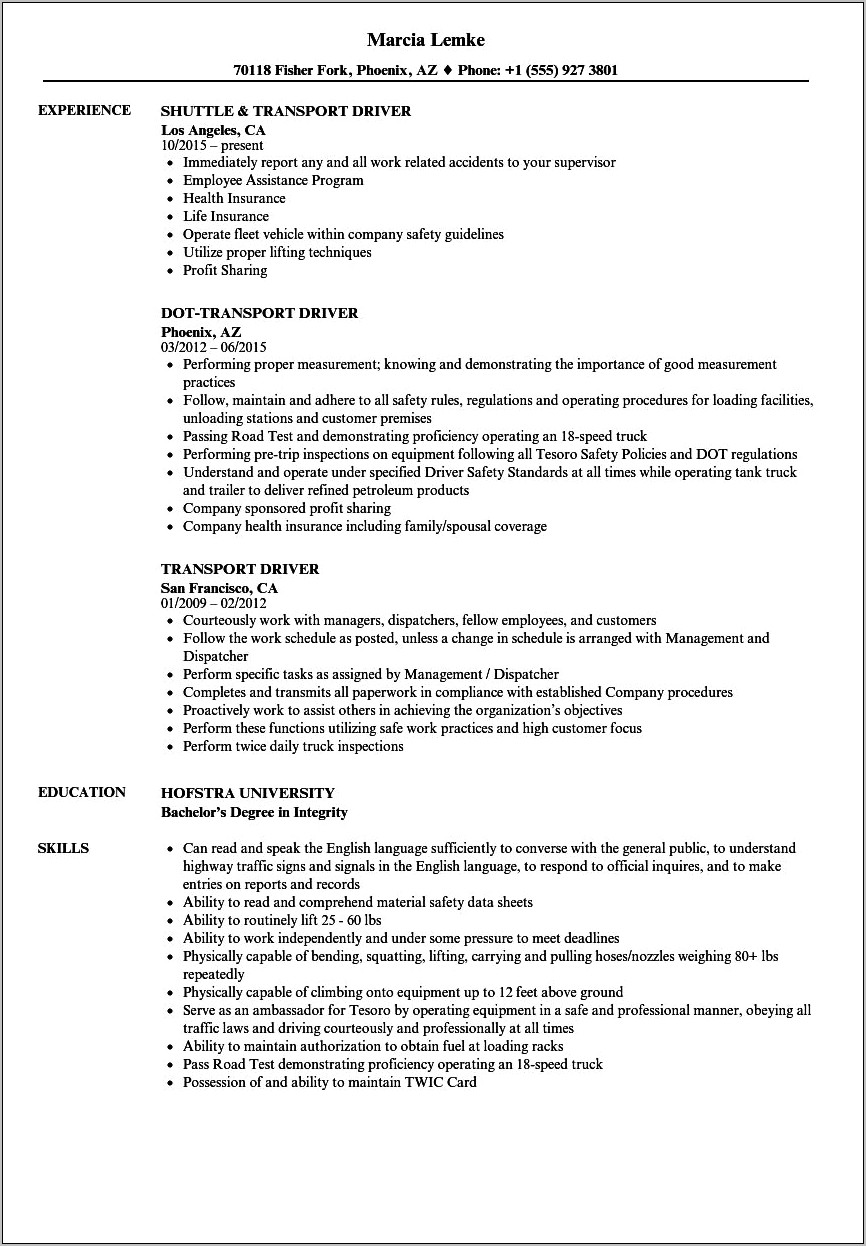 Roofing Supply Company Driver Resume Sample