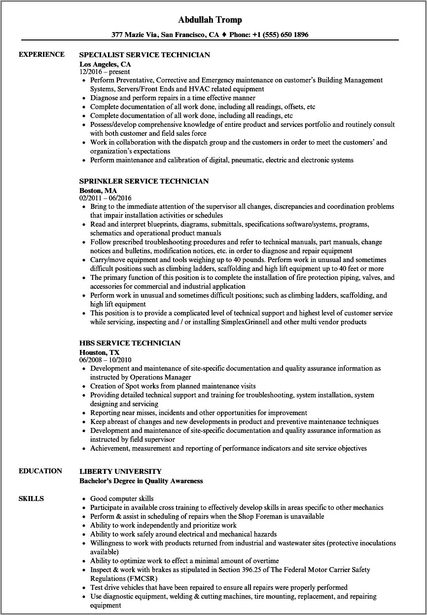 Rv Maintenance Tech Job Description Resume