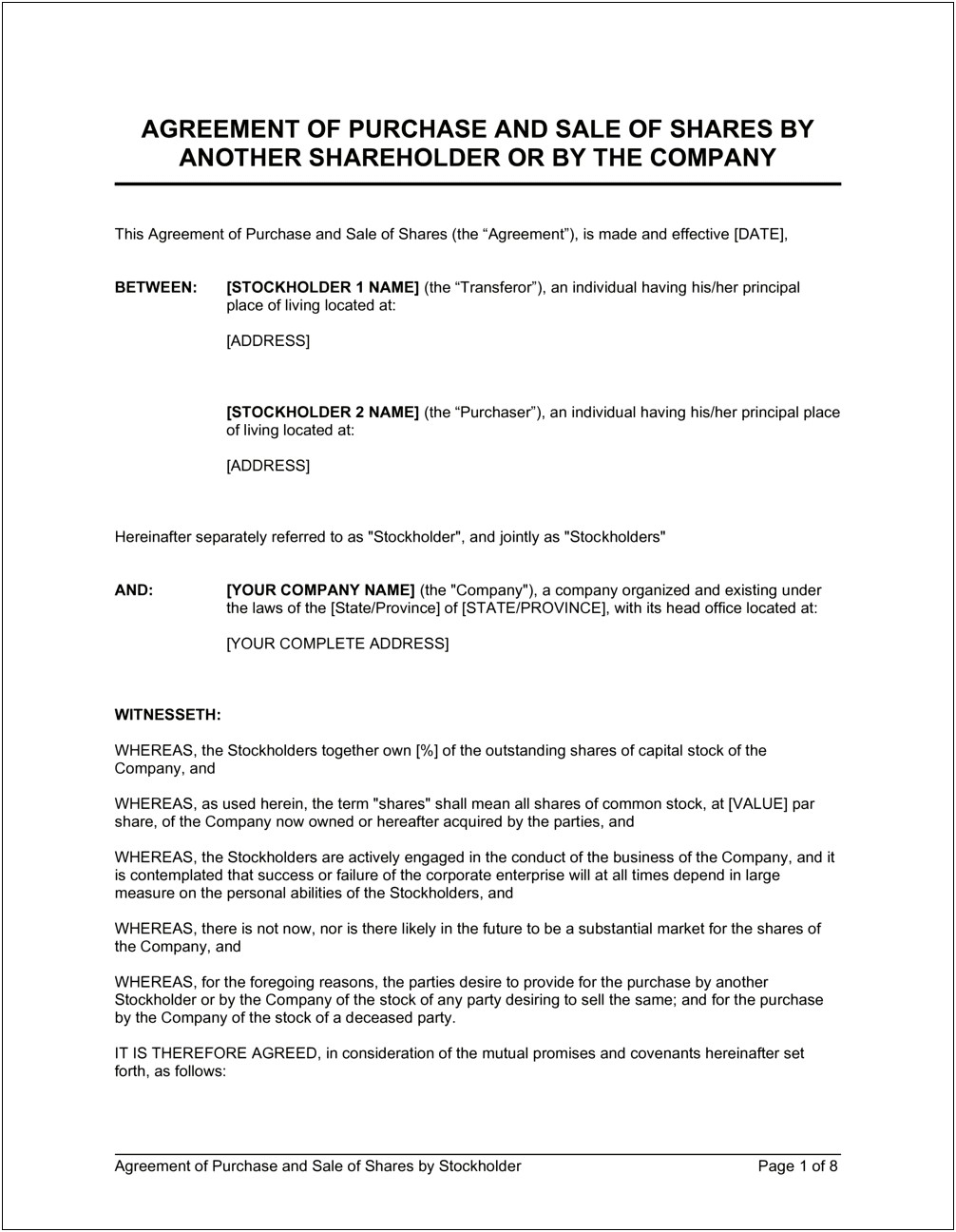 Sale Of Shares Agreement Template Free