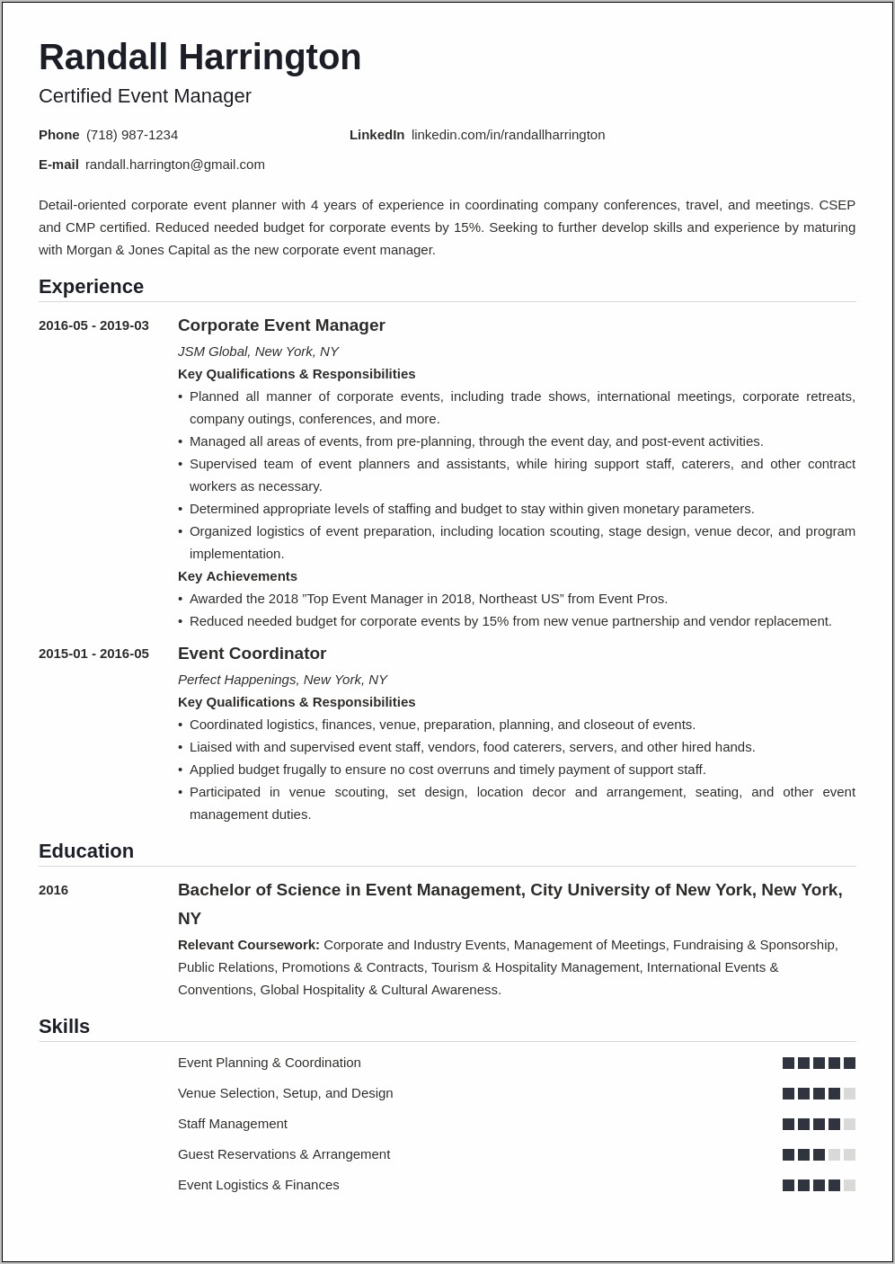 Sales And Event Manager Job Description Resume