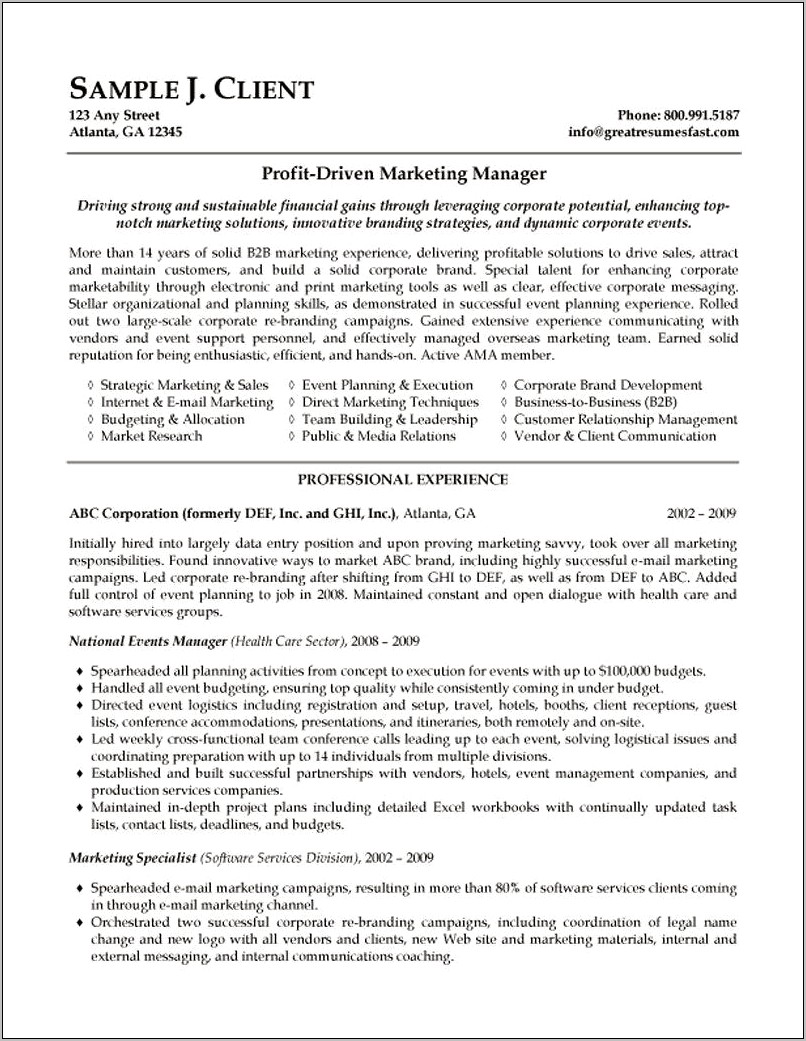 Sales And Marketing Manager Resume Format