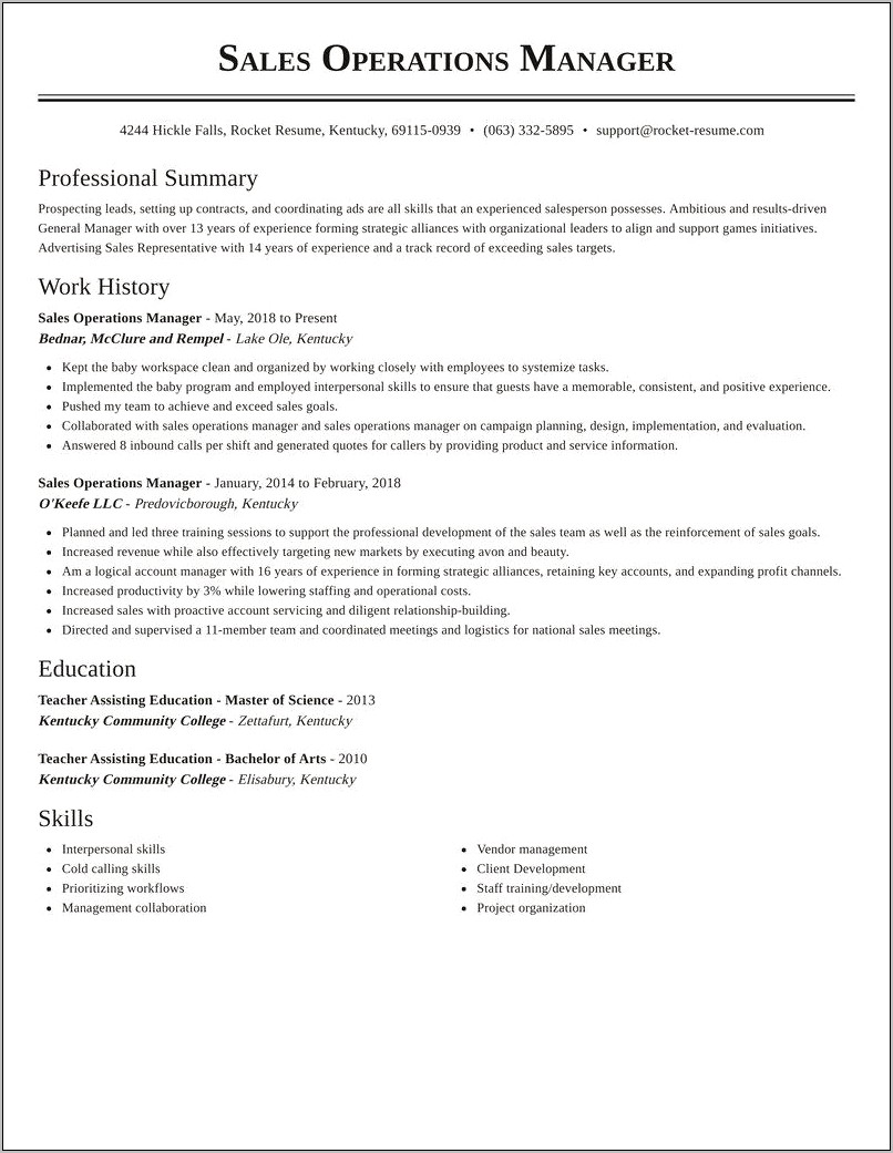 Sales And Operations Manager Resume Summary