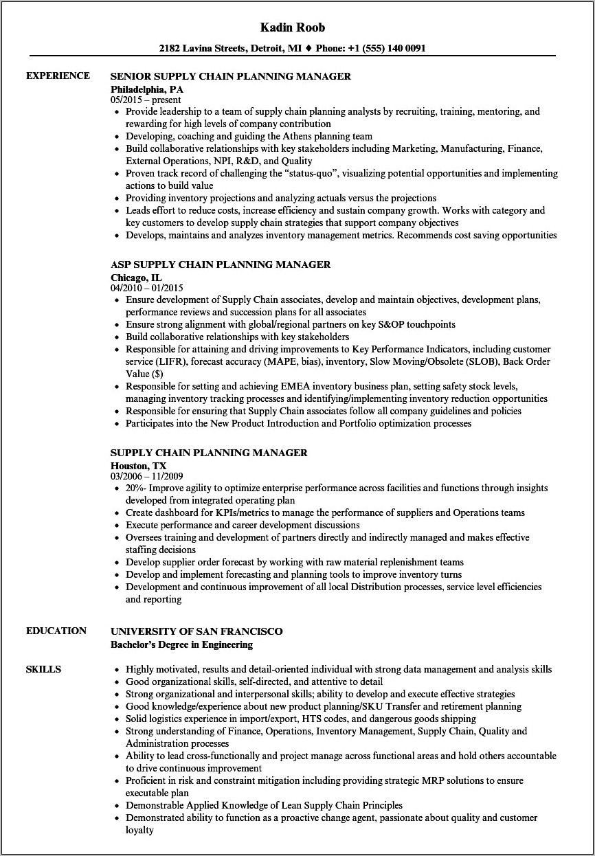 Sales And Operations Planning Manager Resume