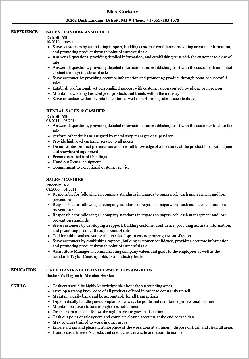 Sales Associate Cashier Job Description Resume
