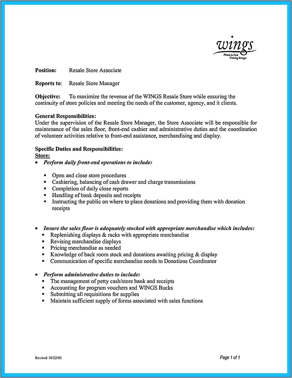 Sales Associate Job Description Resume Consignment